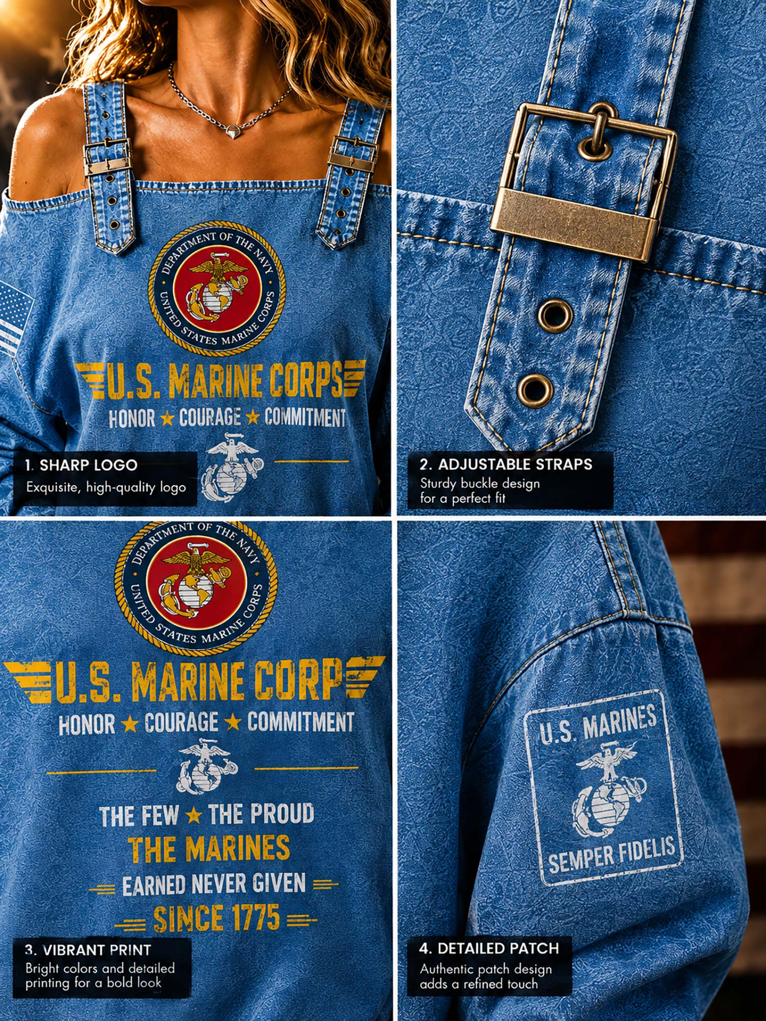 A collage showing a blue denim-style U.S.