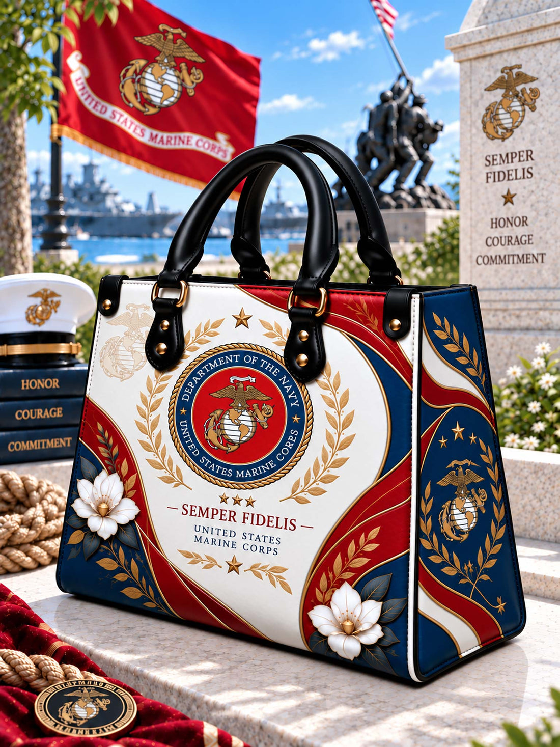 United States Marine Corps Heritage Elegance Leather Bag front view with crest and floral artwork