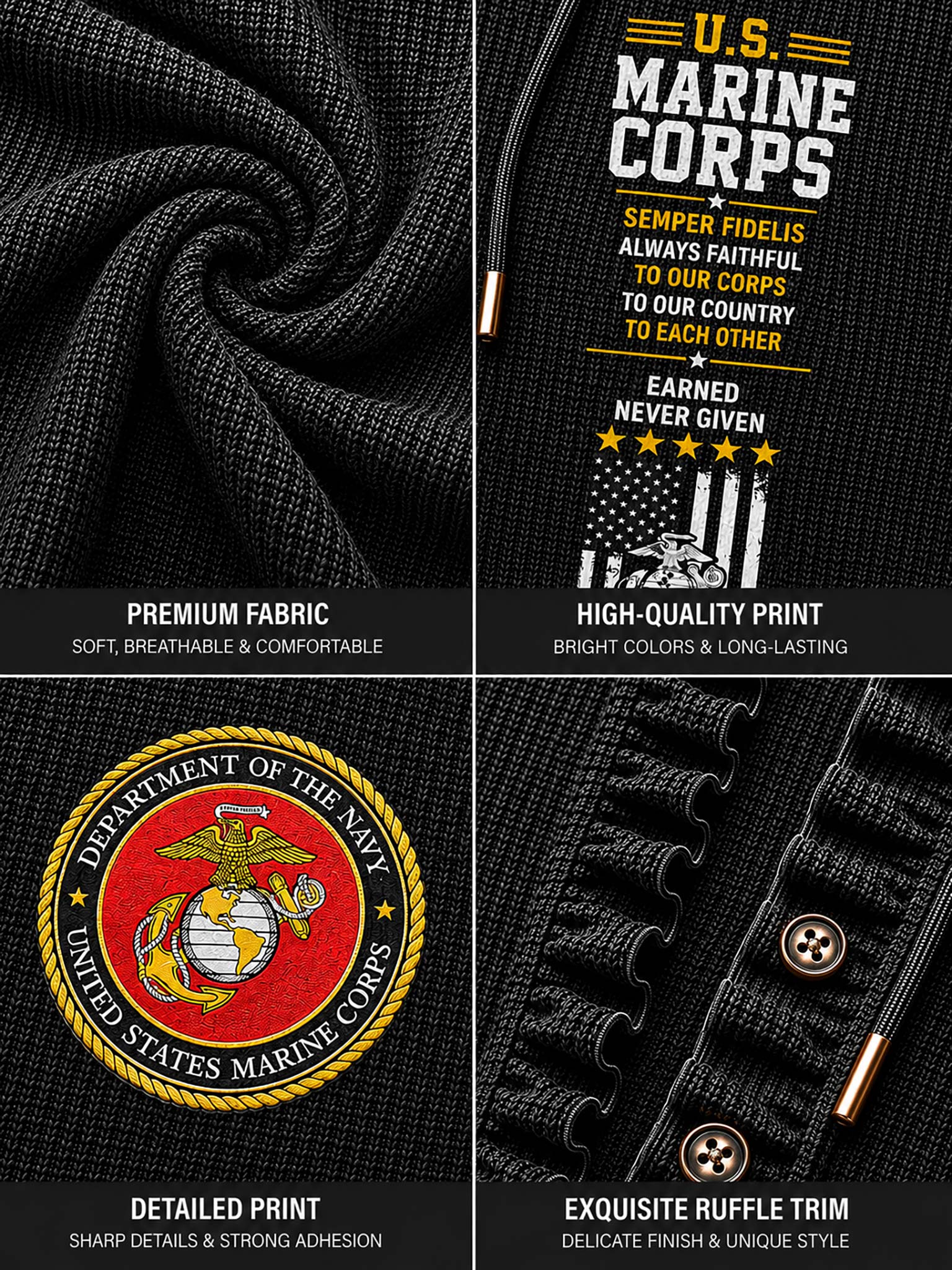 A four-panel product detail collage of a black ribbed knit garment, showing the fabric texture, a close-up of the 'U.S.