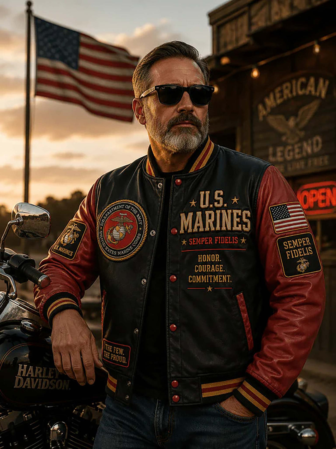 A black and red varsity-style jacket with U.S.