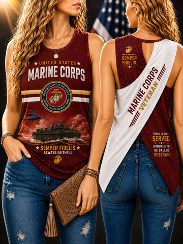 Two women modeling a maroon sleeveless tank top with United States Marine Corps graphics. One view shows the front with a military emblem, tank graphic, and 'Semper Fidelis' text, and the other shows the back with a white 'Marine Corps Veteran' sash.