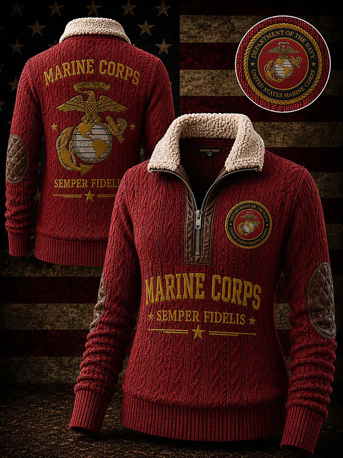 A red cable-knit quarter-zip sweater shown from both front and back, with a cream sherpa collar, gold Marine Corps text and emblem, and brown distressed patch details on the sleeves. A circular inset shows the Department of the Marine Corps seal.