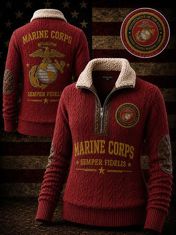A red cable-knit quarter-zip sweater shown from both front and back, with a cream sherpa collar, gold Marine Corps text and emblem, and brown distressed patch details on the sleeves. A circular inset shows the Department of the Marine Corps seal.