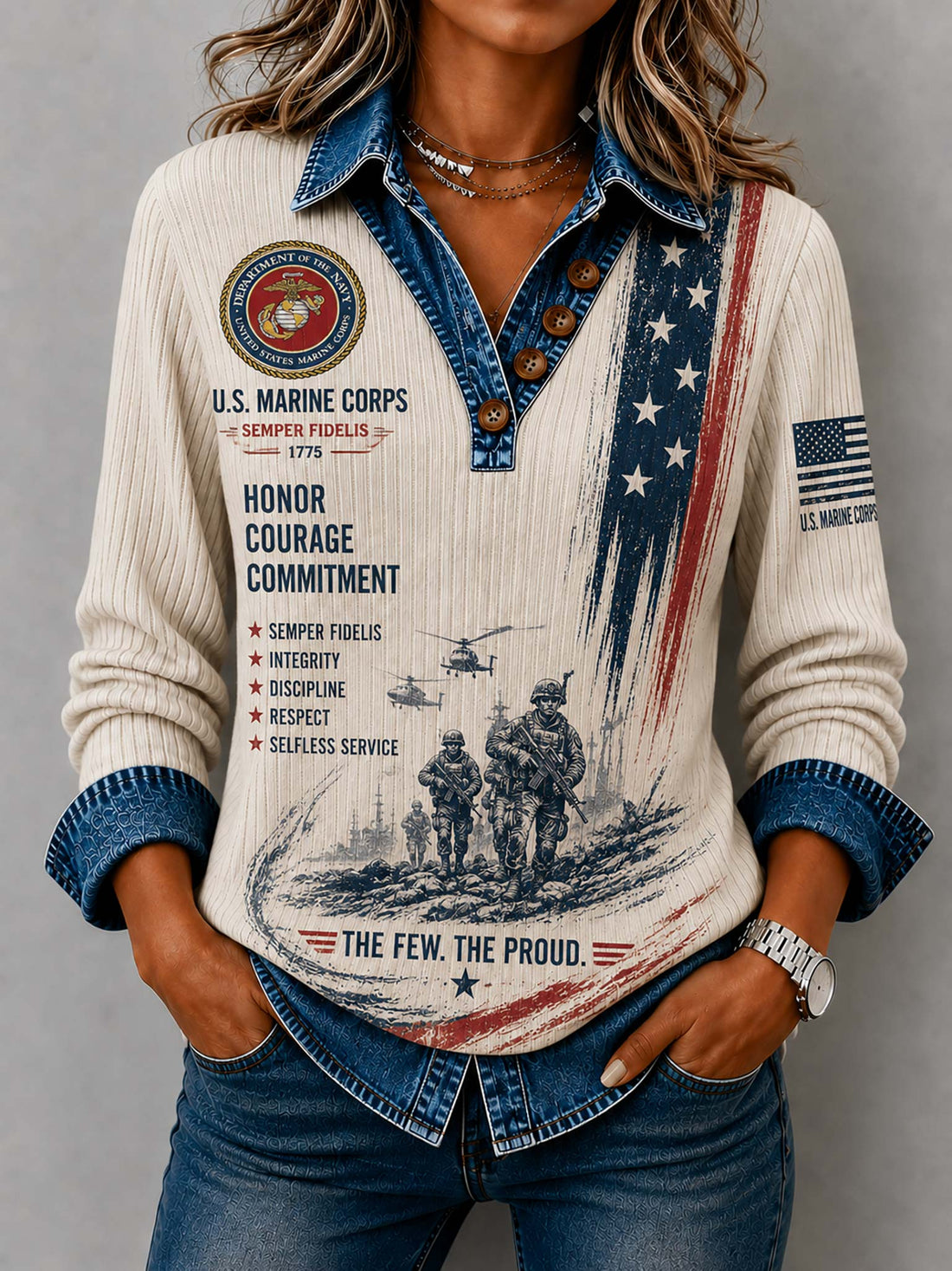 A woman wearing a long-sleeve ribbed knit sweater with a U.S.