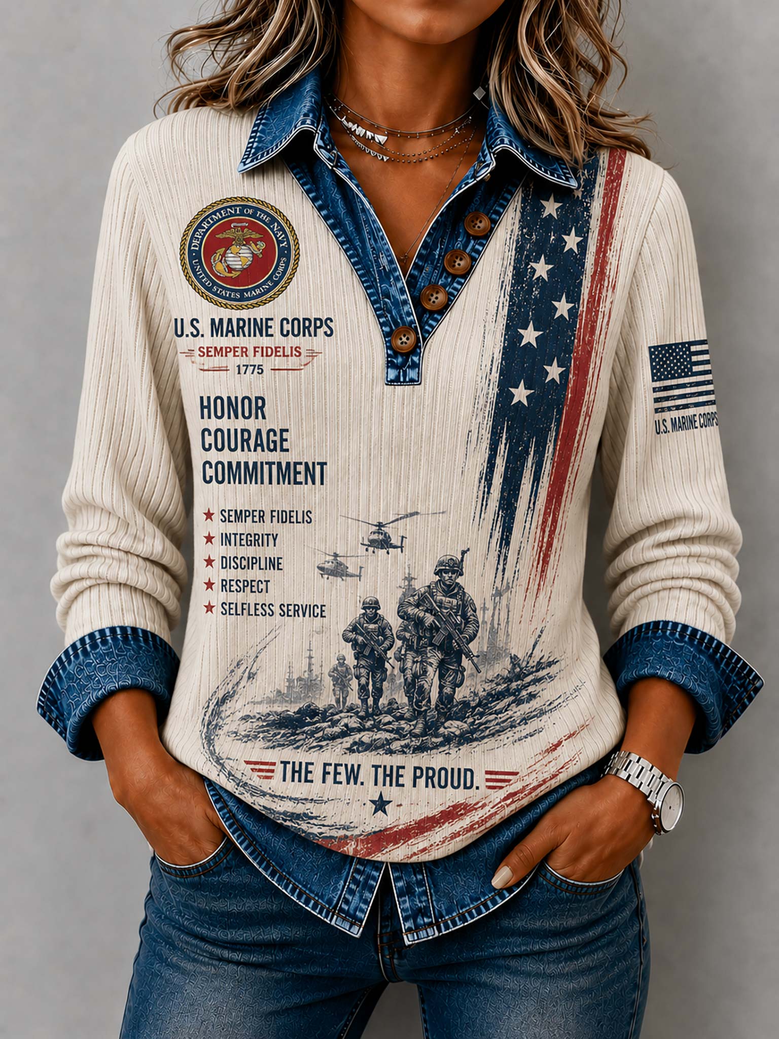A woman wearing a long-sleeve ribbed knit sweater with a U.S.