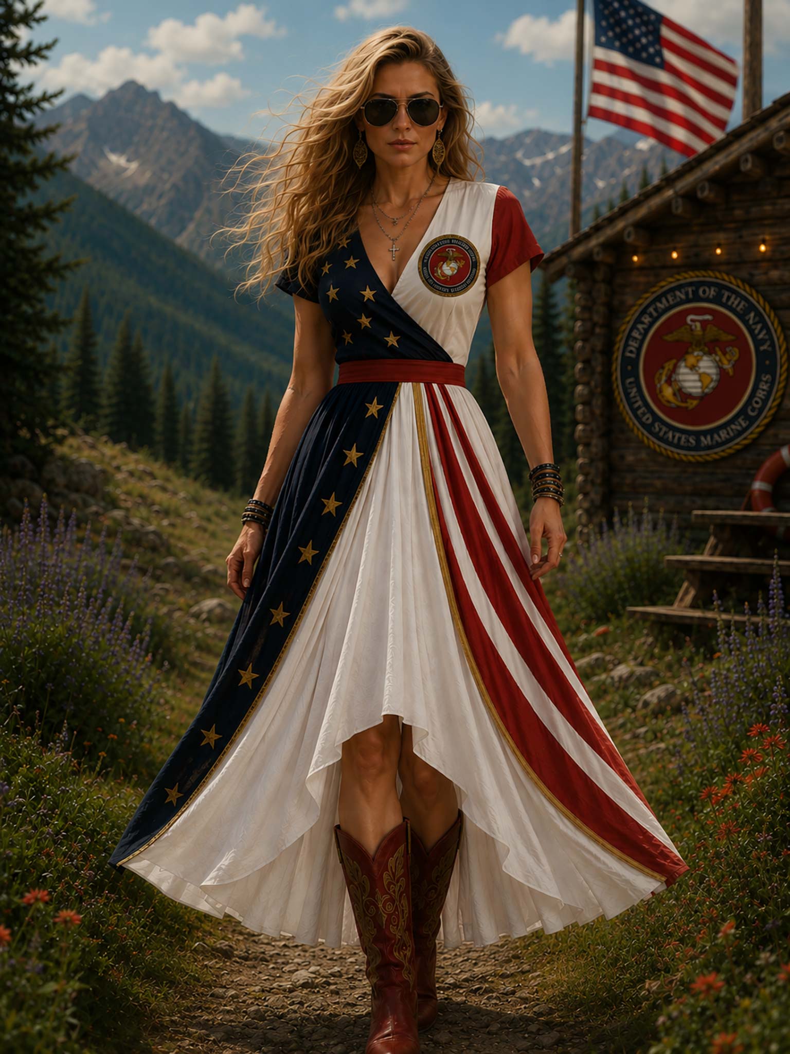 A woman wearing a high-low dress with a USMC-inspired design walks outdoors in a mountain setting. The dress features a navy blue section with gold stars, a red and white striped section, and a white center panel with a circular emblem.
