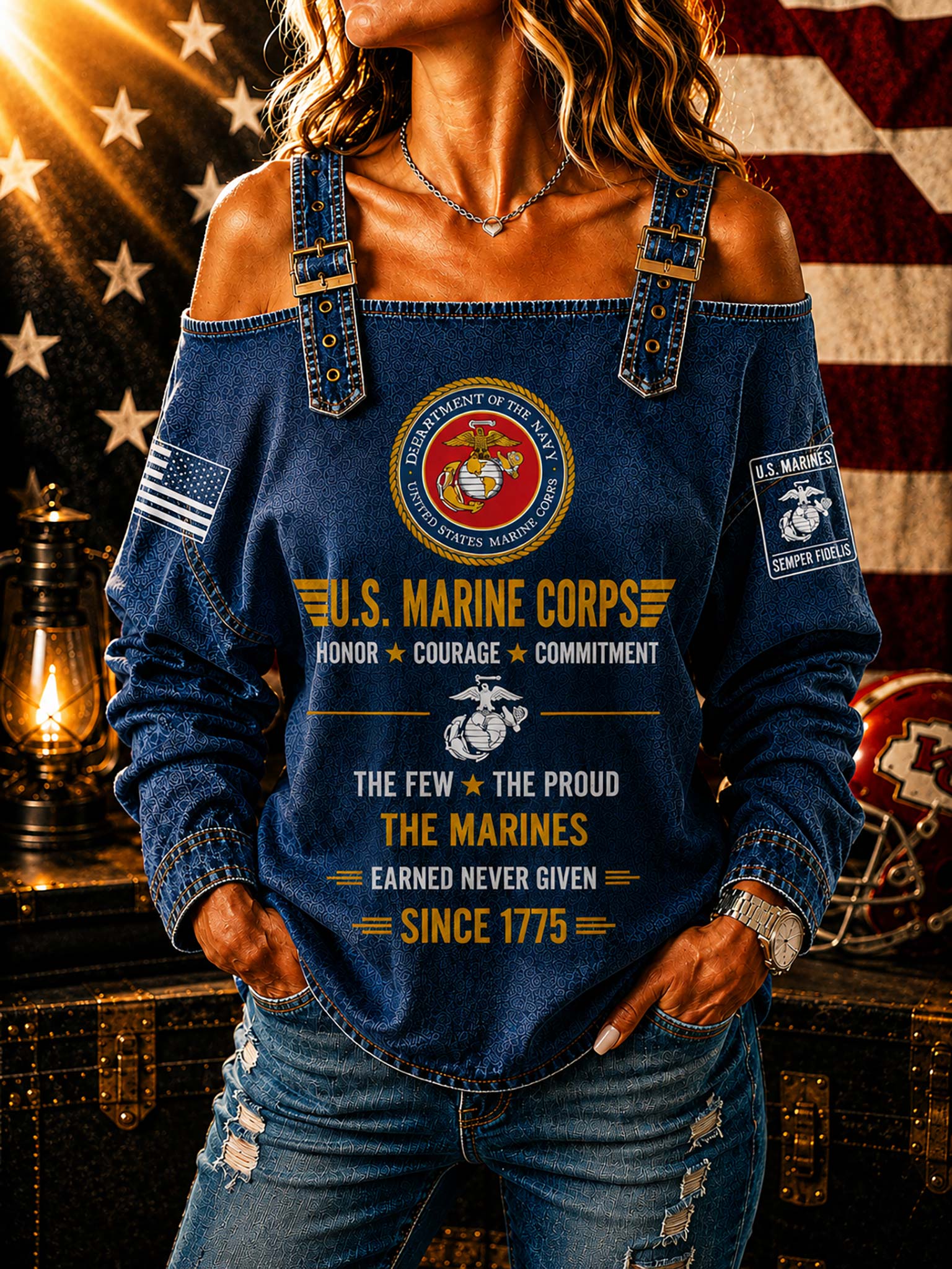 A woman wearing a blue off-the-shoulder long-sleeve top with U.S.