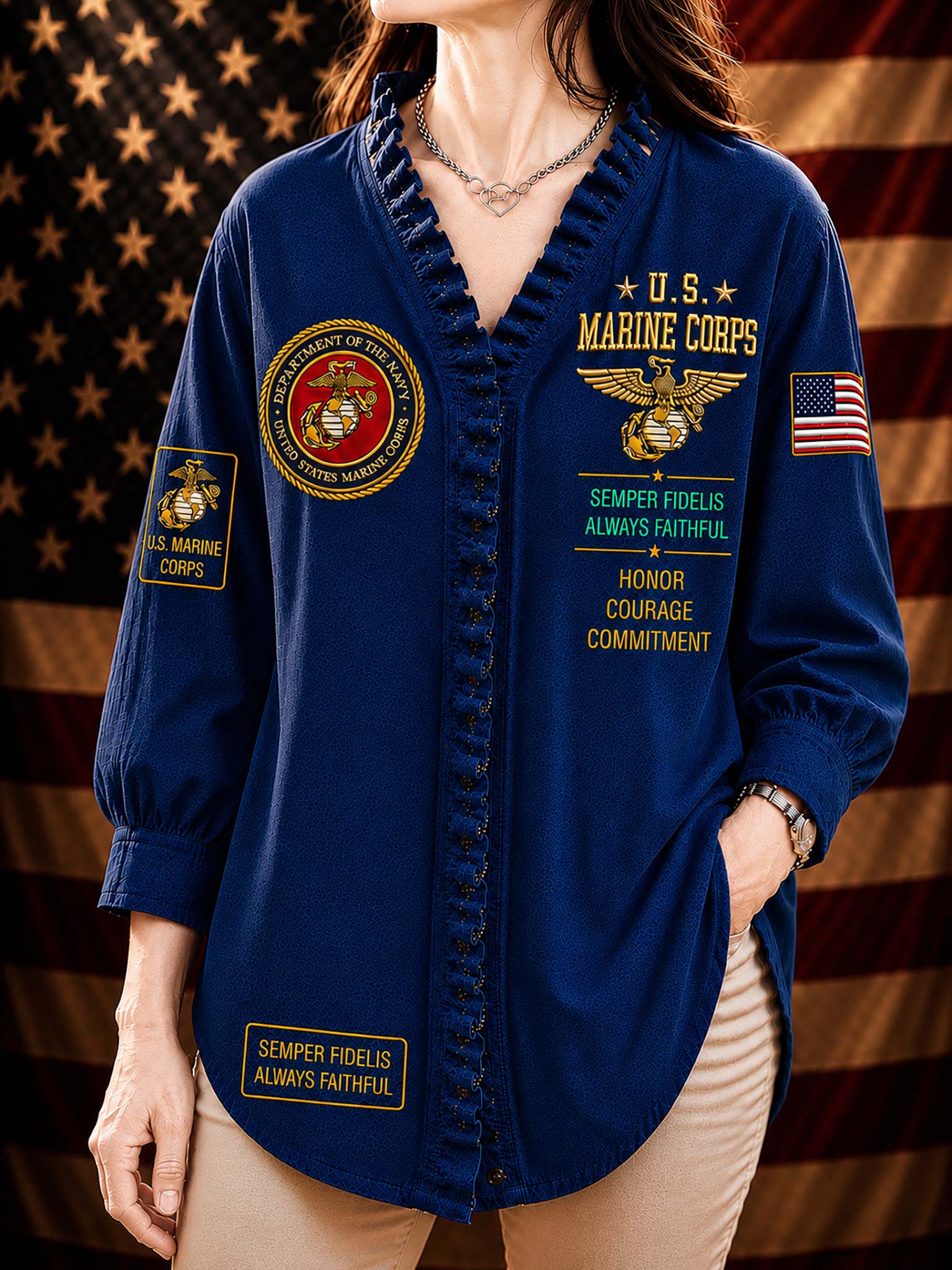 A woman wearing a navy blue long-sleeve button-front shirt with U.S.