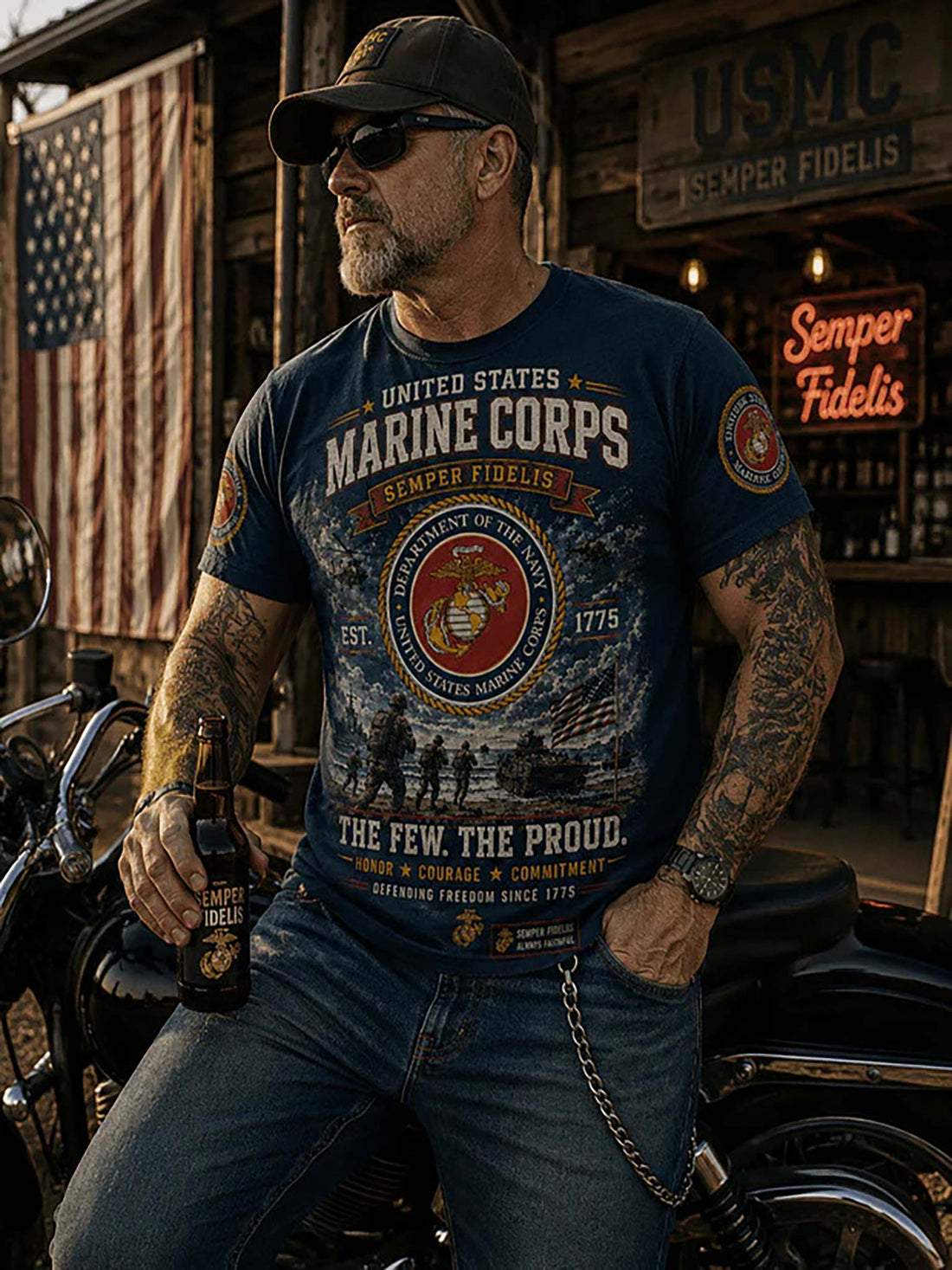 Blue t-shirt with U.S. Marine Corps design featuring graphics and text.