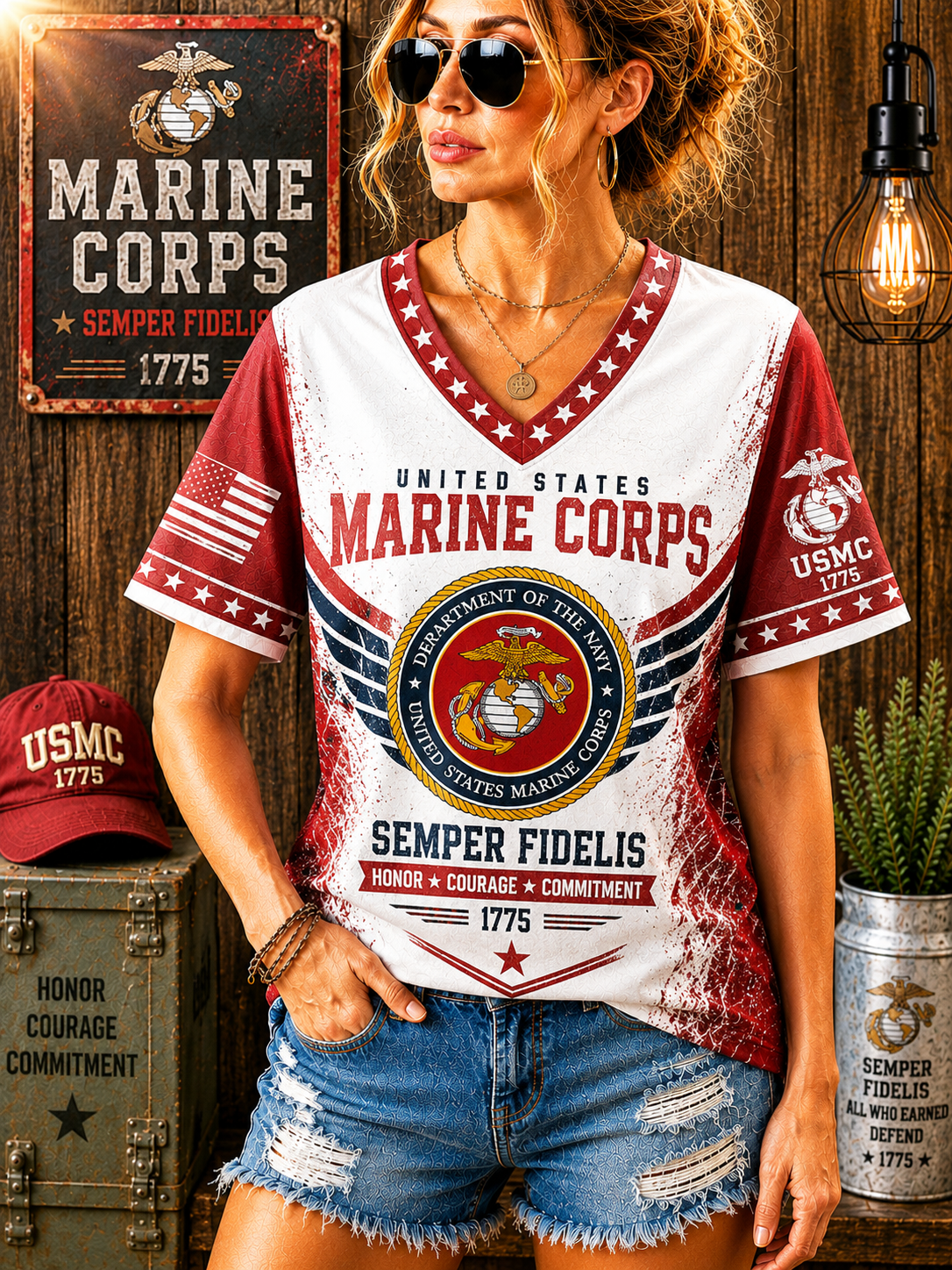 A woman wearing a distressed V-neck t-shirt with a United States Marine Corps theme, featuring red, white, and blue graphics, denim shorts, and sunglasses, posed in a rustic themed room with Marine Corps decor.