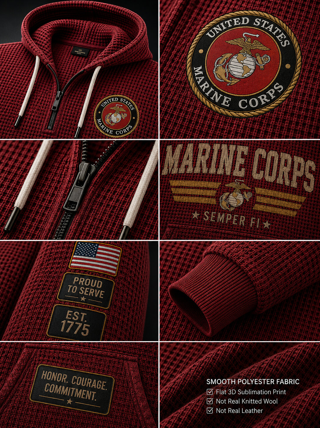 A collage of close-up product views of a red waffle-knit zip-up hoodie with United States Marine Corps patches, drawstrings, a flag patch, and fabric detail text.