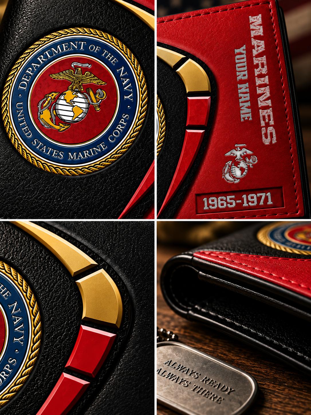 A black and red bi-fold wallet featuring the United States Marine Corps emblem, with 'MARINES' and 'YOUR NAME' printed on the front, displayed on a wooden surface next to a dog tag and a U.S.