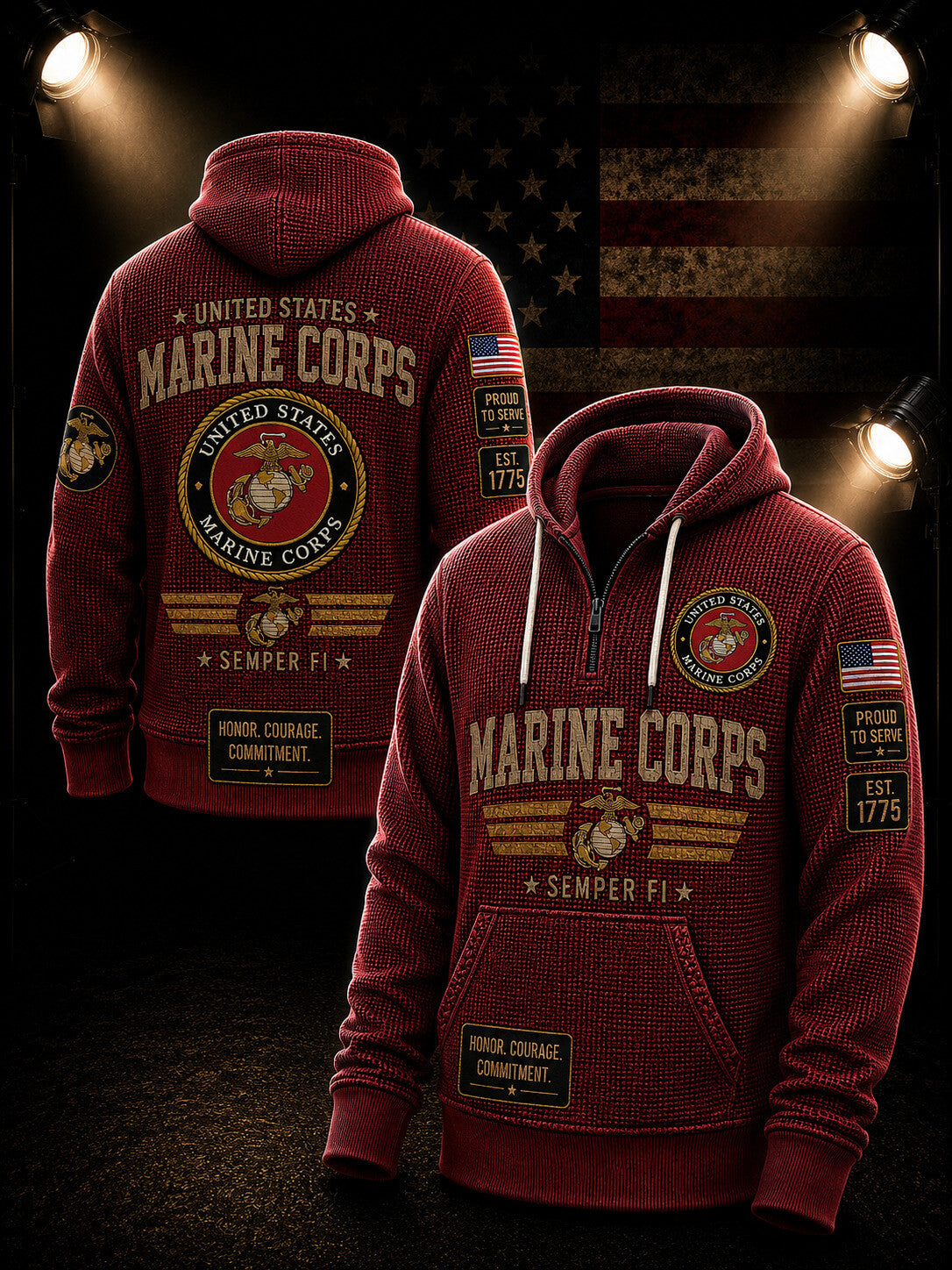 A maroon pullover hoodie shown from both front and back, featuring large Marine Corps text, the Marine Corps emblem, American flag patches, and black tactical-style graphics. The hoodie is displayed against a dark background with spotlight effects and a blurred American flag.