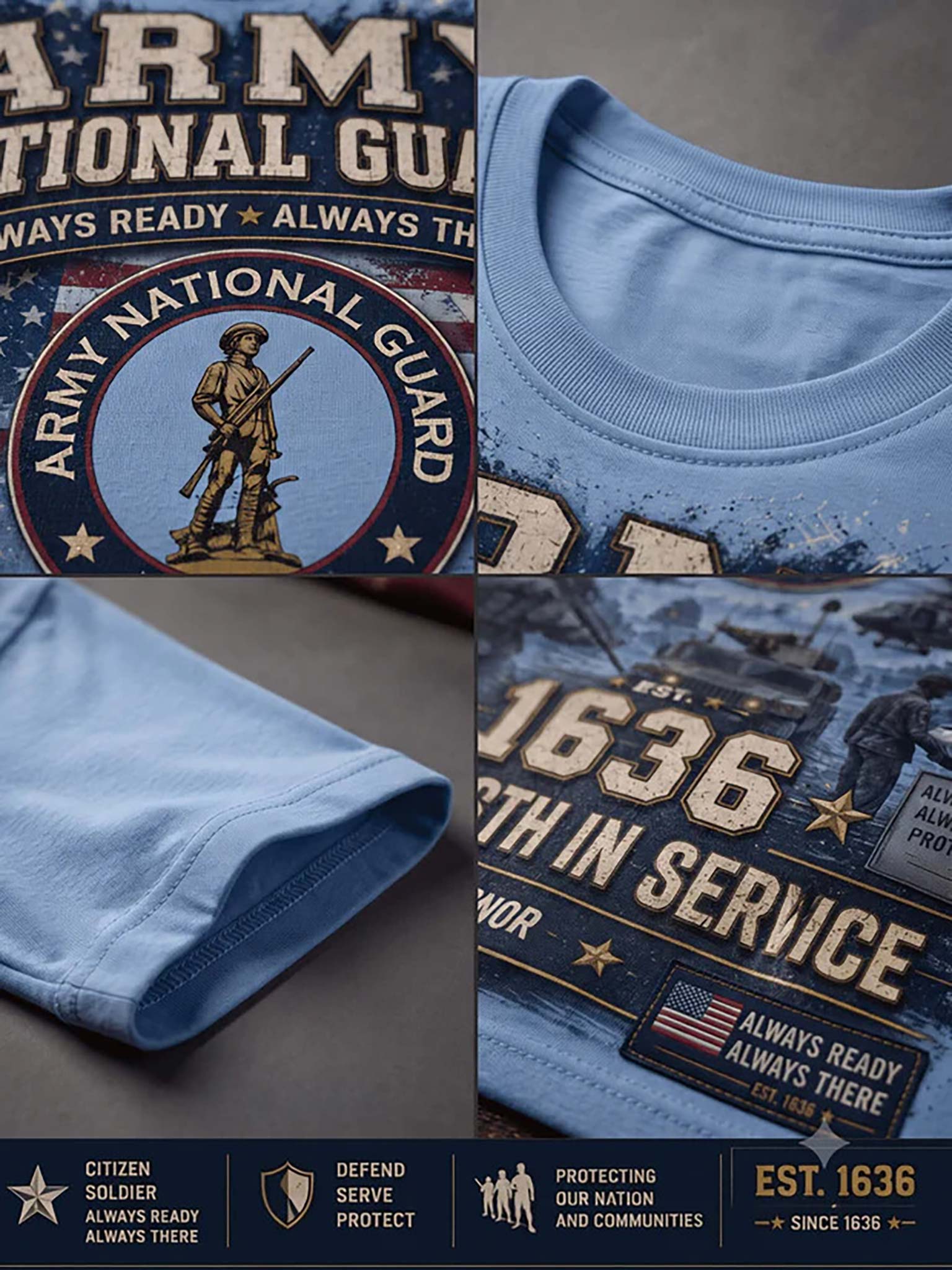 A light blue graphic T-shirt shown in a four-panel collage, featuring the U.S.