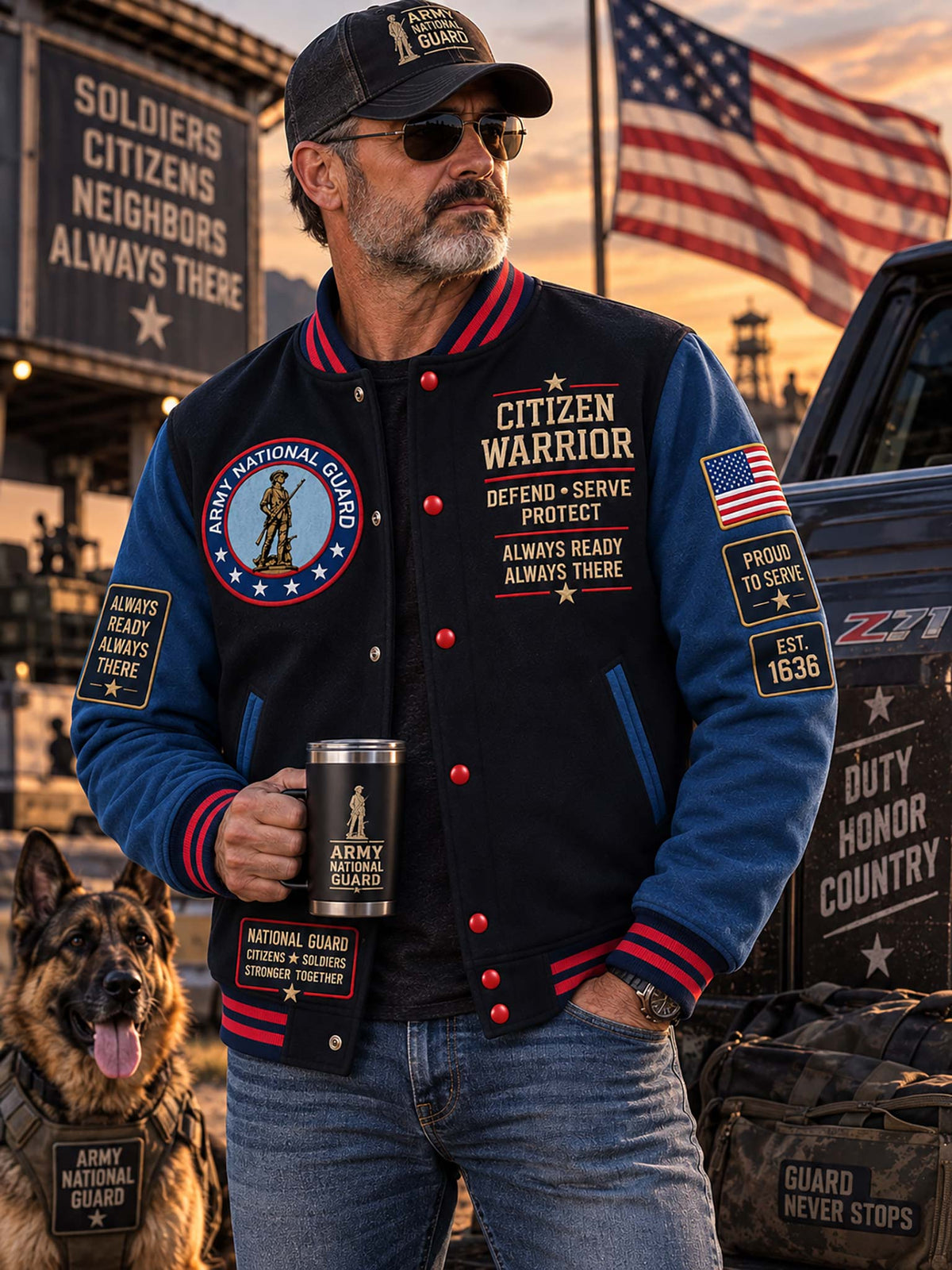 A man wearing a navy and blue varsity-style jacket with red trim and patriotic military patches, standing outdoors in front of an American flag and a truck. He is also wearing a matching cap and holding a branded tumbler.