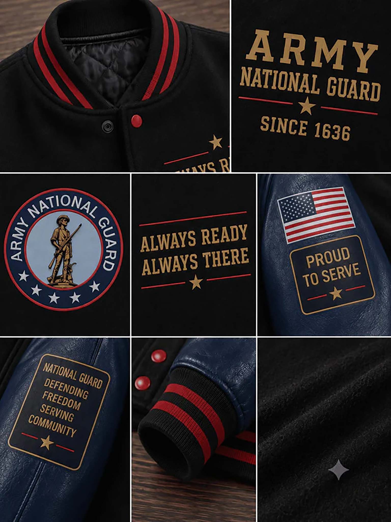 A collage of close-up views of a black varsity-style jacket, showing the ribbed collar with red stripes, gold 'ARMY NATIONAL GUARD' text, a circular Army National Guard emblem on the chest, 'ALWAYS READY ALWAYS THERE' text, a U.S.