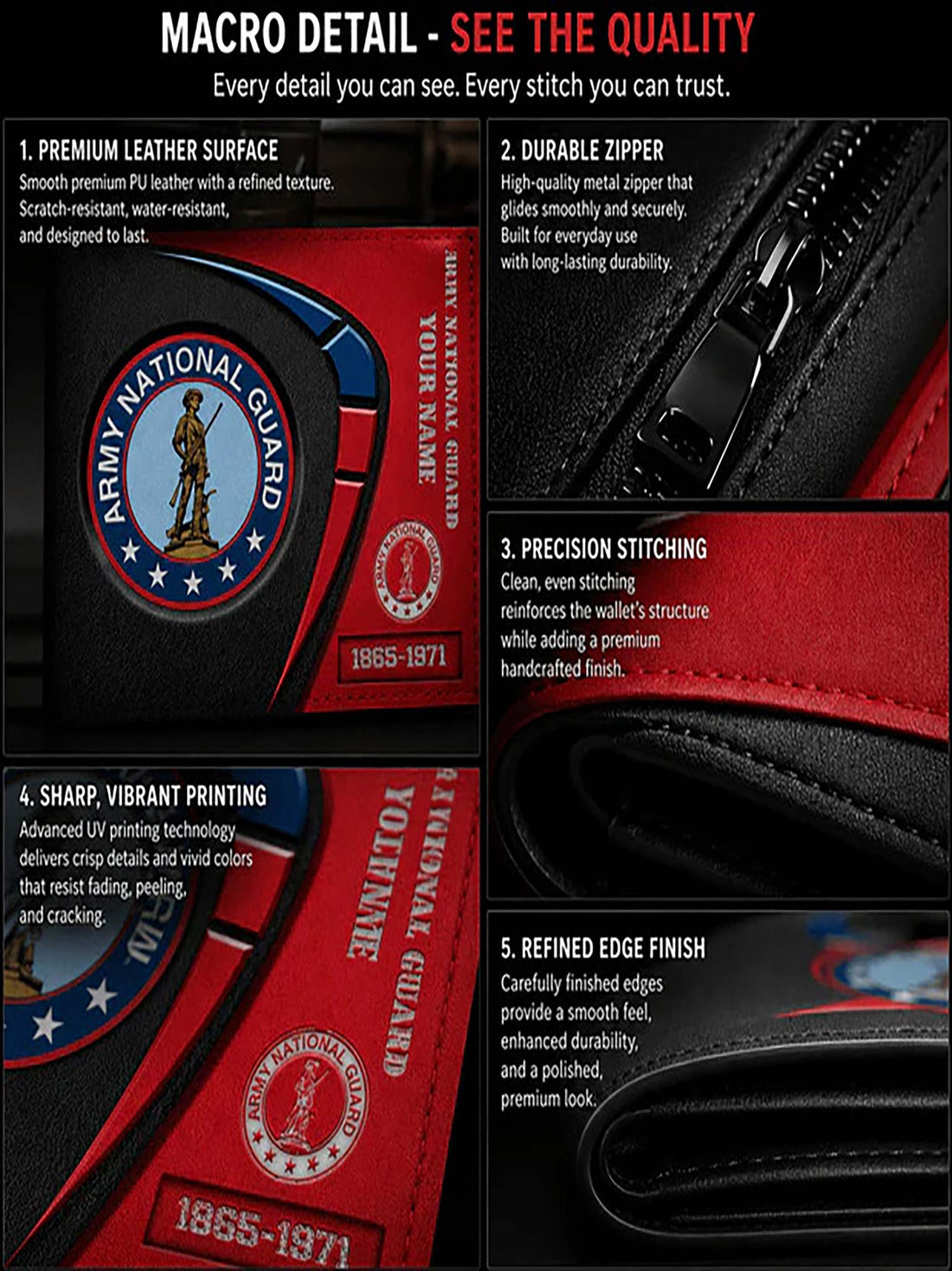A black and red bifold wallet with Army National Guard patches, displayed on a rustic wooden surface with military-themed props including an American flag, a U.S.