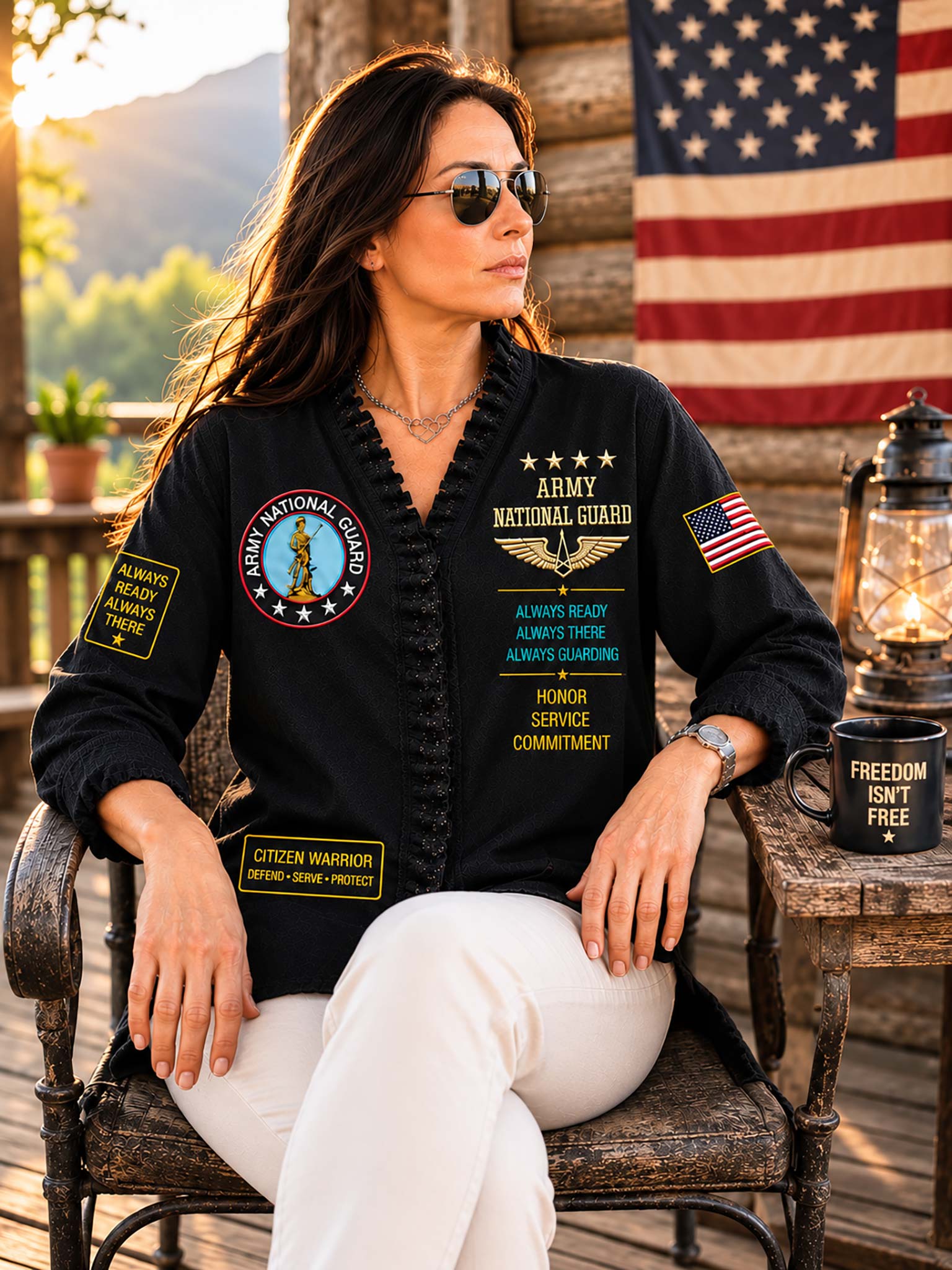 A woman wearing a black long-sleeve button-up shirt with military-themed patches and text, seated in a rustic wooden chair. The shirt features 'Army National Guard' insignia, an American flag patch, and text including 'Always Ready Always There Always Serving' and 'Honor Service Commitment.