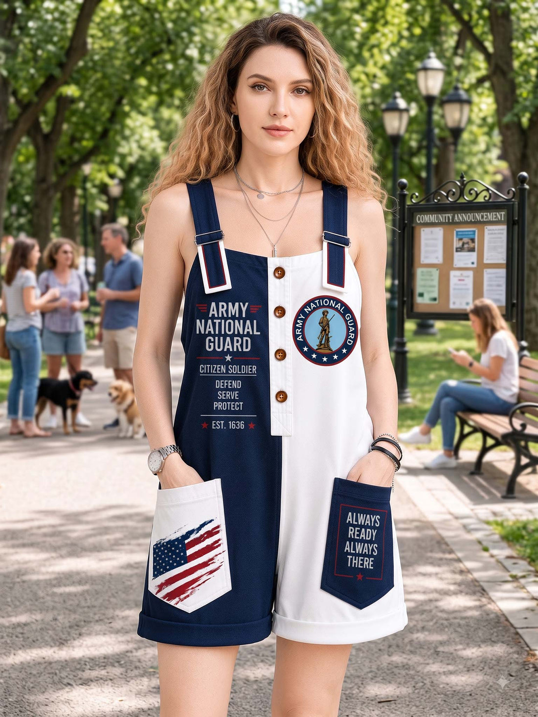 A woman wearing a sleeveless Army National Guard themed romper with navy blue and white panels, featuring patriotic and military-themed graphics on the front and pockets.