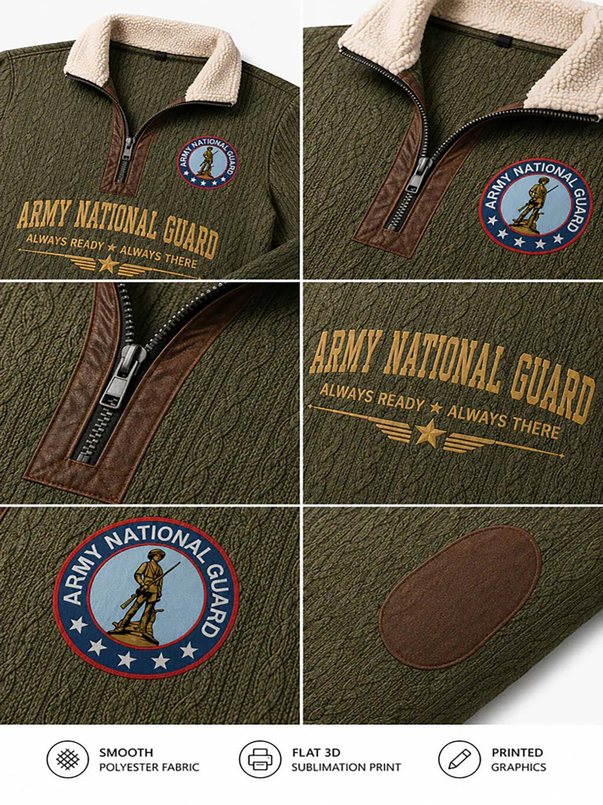 A six-panel product collage showing an olive green quarter-zip pullover jacket with a cream sherpa collar, brown zipper trim, and Army National Guard graphics. The collage includes close-ups of the chest print, zipper area, and a brown elbow patch.