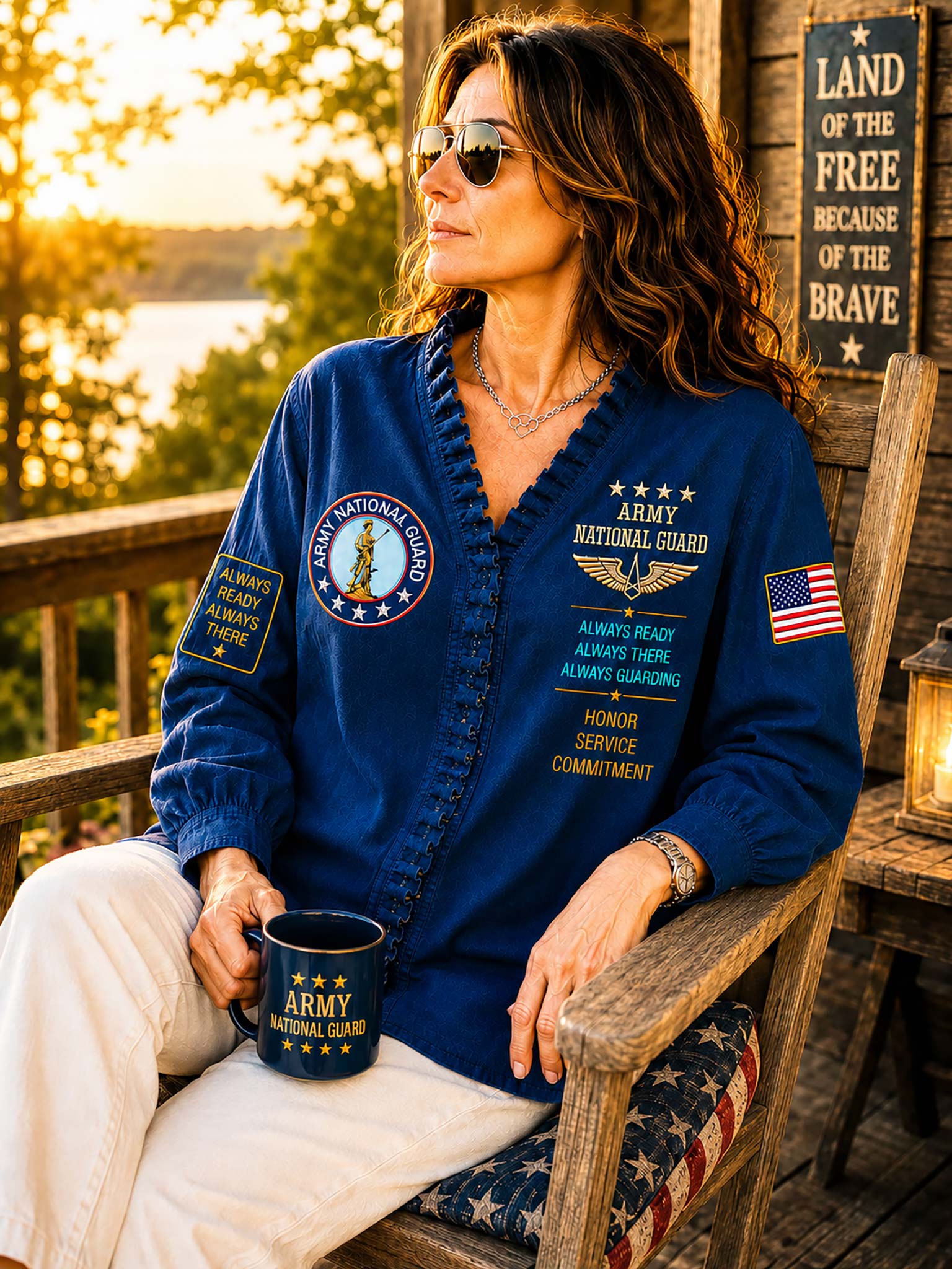 A woman wearing a navy blue Army National Guard button-up shirt sits on a wooden porch chair. The shirt features embroidered patches, including the Army National Guard emblem, an American flag patch, and a sleeve patch.