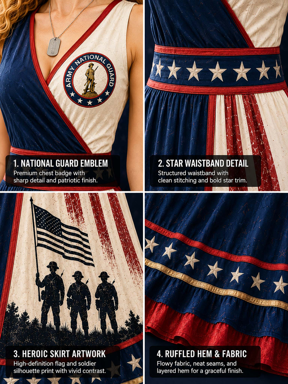 A woman models a patriotic Army National Guard themed maxi dress in a rustic themed setting with American flags, helmets, boots, and signboards. The dress features red, white, and blue vertical stripes with 'ALWAYS READY ALWAYS THERE' text and soldier silhouettes.