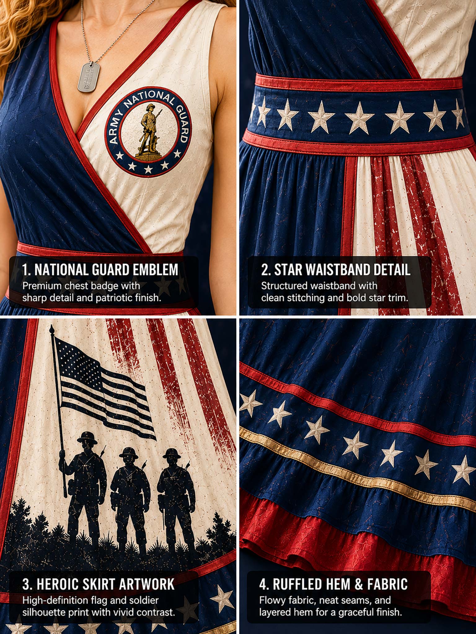 Four-panel close-up collage of a patriotic Army National Guard themed dress, showing the chest emblem, star waistband, skirt artwork with American flag and soldier silhouettes, and ruffled hem details.