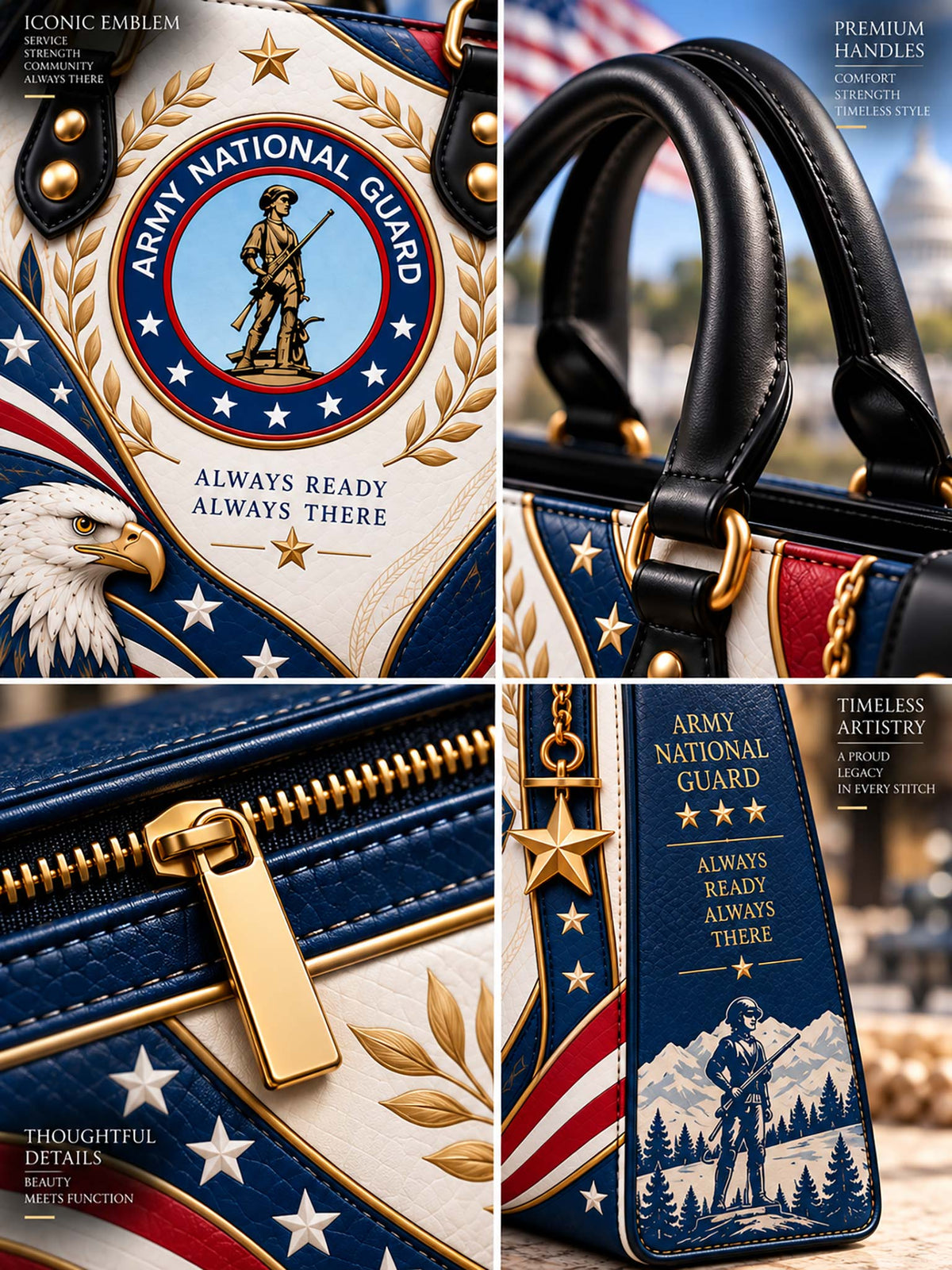 Army National Guard Heritage Elegance Leather Bag handle, zipper and print details