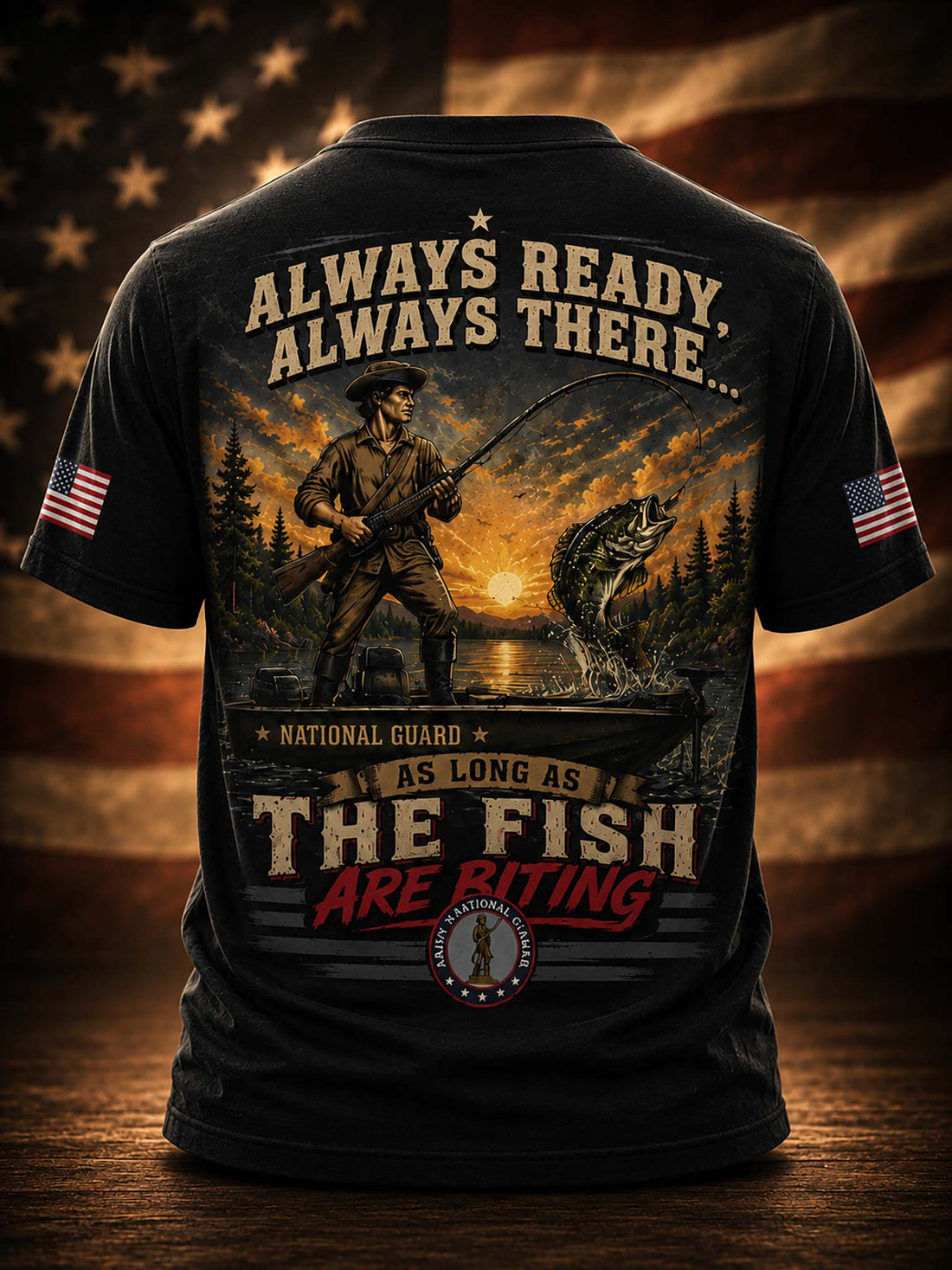 A black short-sleeve t-shirt shown from the back, featuring a large patriotic fishing graphic with a fisherman, a large fish, and text reading 'ALWAYS READY, ALWAYS THERE.