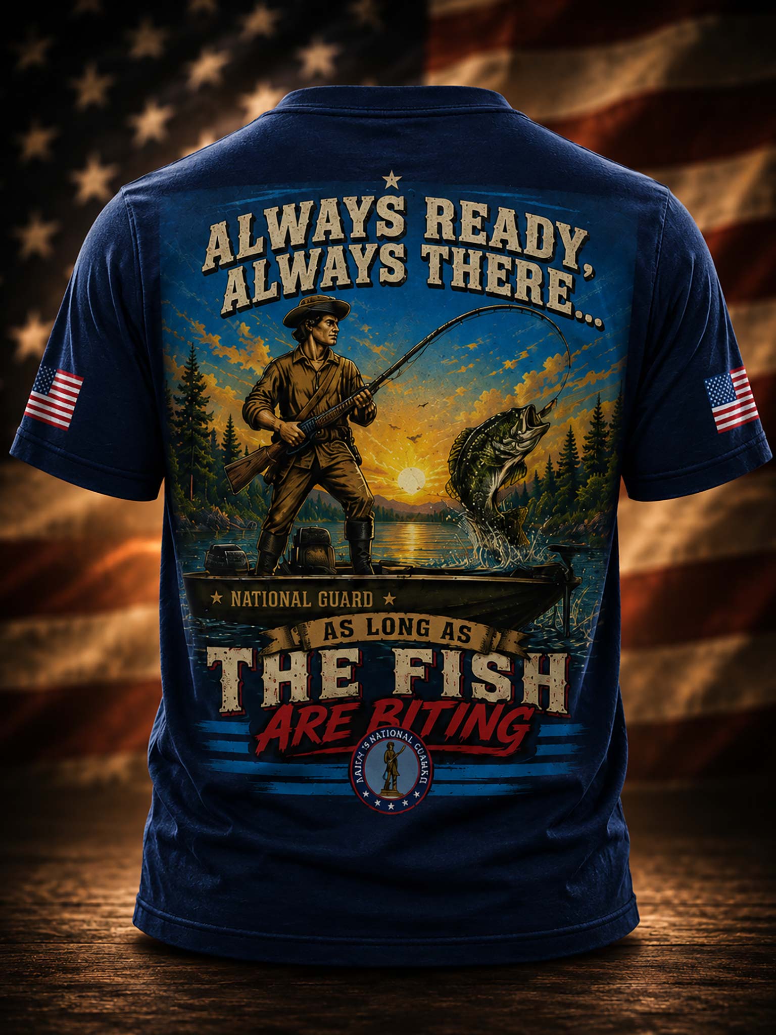 A navy blue short-sleeve t-shirt shown from the back, featuring a large patriotic fishing graphic with a fisherman, a jumping fish, and the text 'ALWAYS READY, ALWAYS THERE.