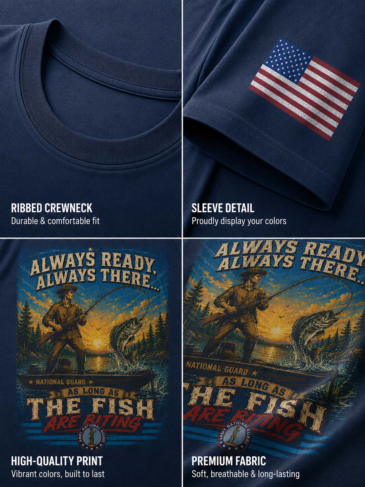 A four-panel product feature collage showing a navy blue t-shirt. The top-left panel highlights the ribbed crewneck fit.