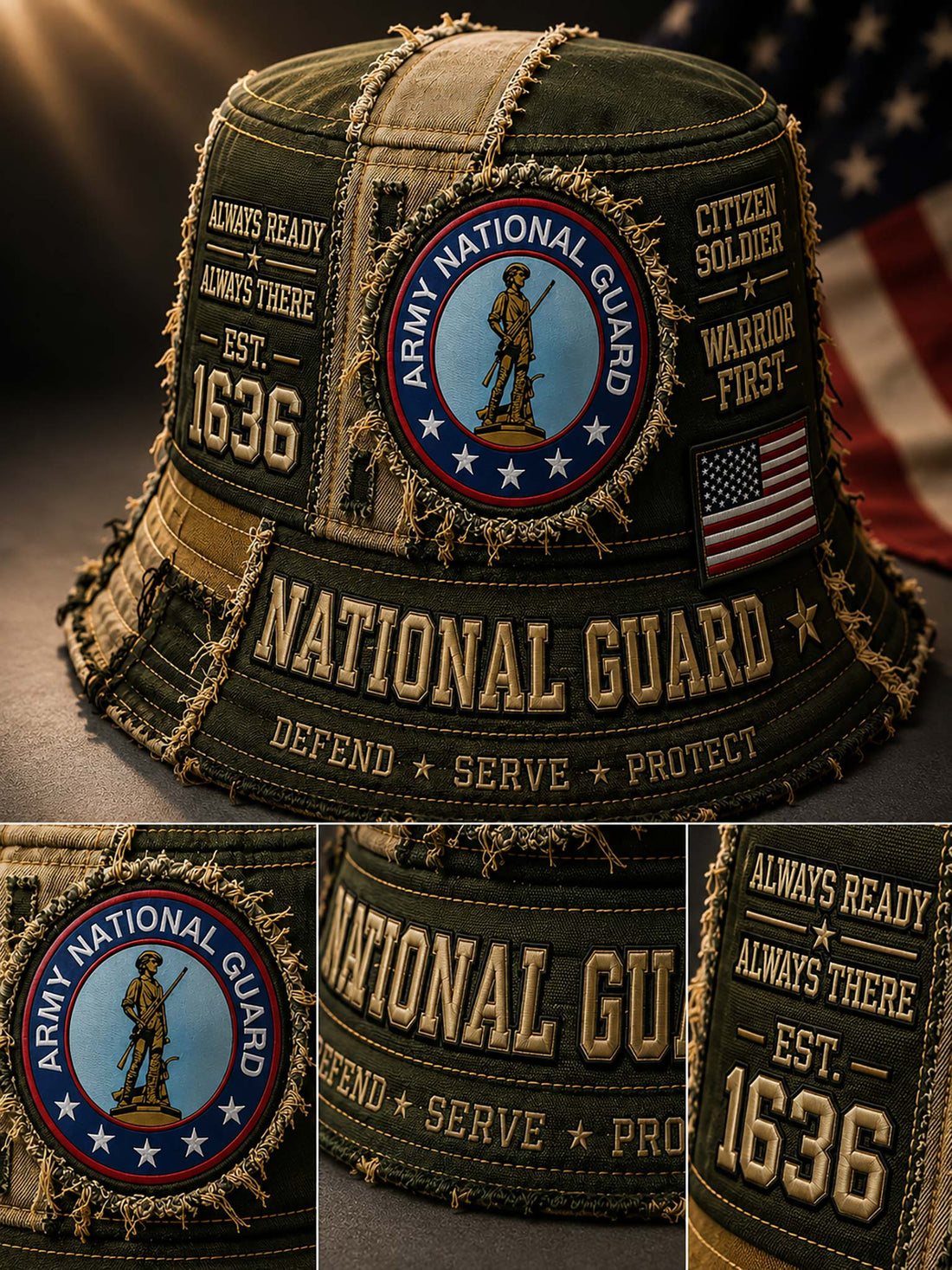 A military-style bucket hat with distressed olive green fabric, tan frayed trim, and embroidered patches. The hat features a large Army National Guard emblem on the front, additional 'National Guard' and 'Citizen Soldier' text, an American flag patch, and a blurred U.
