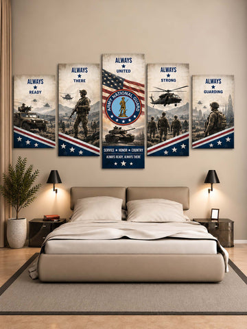 A 5-panel canvas wall art set depicting military scenes and patriotic American flag motifs, displayed above a bed in a modern bedroom setting.