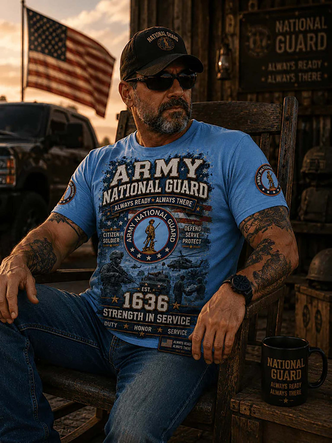 Blue t-shirt with Army National Guard graphics and text on a wooden surface.