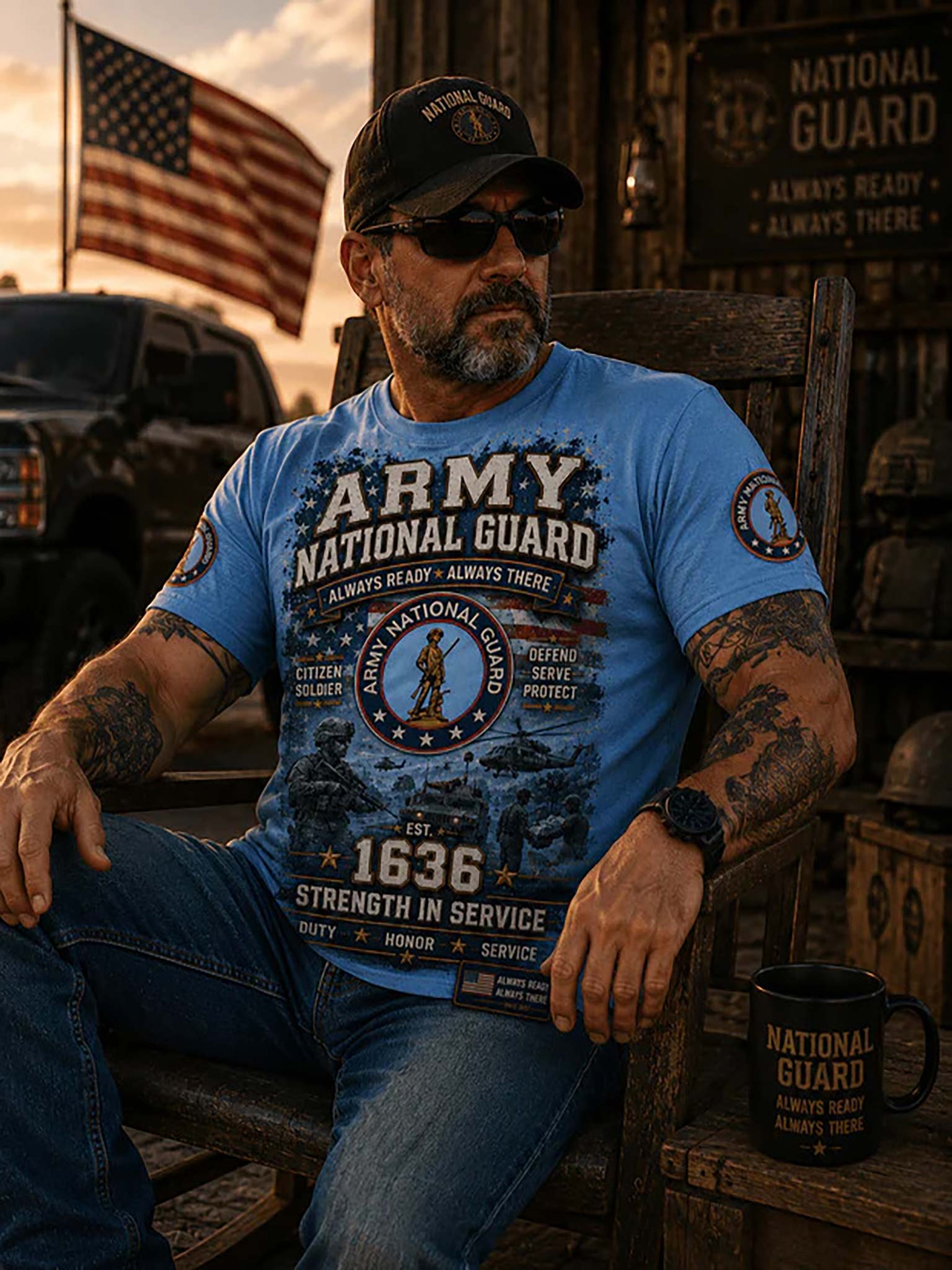 A man wearing a light blue graphic t-shirt with 'ARMY NATIONAL GUARD' printed on the front, sitting on a rustic wooden bench in a themed setting with an American flag and military decor in the background.