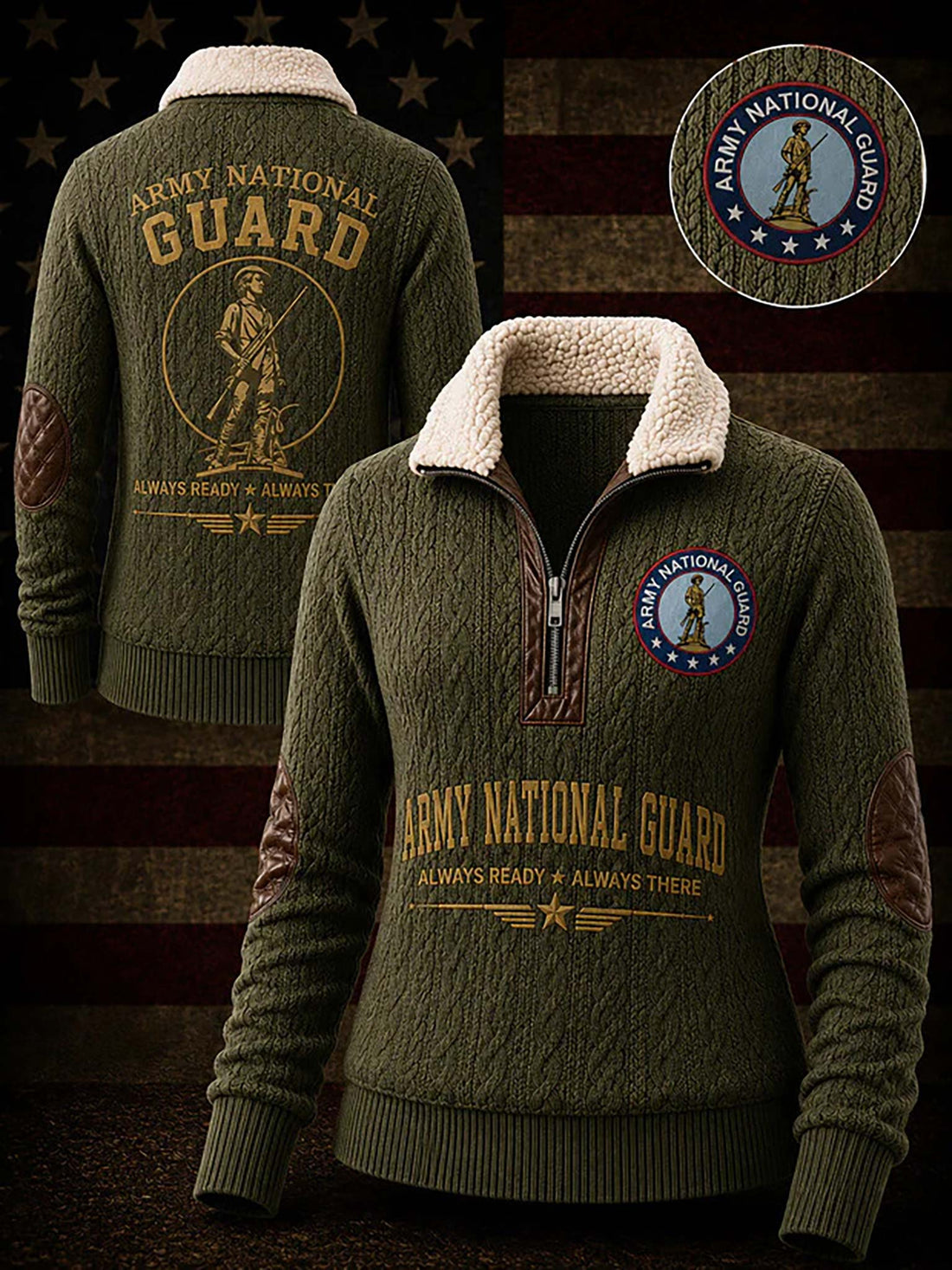 An olive green quarter-zip pullover sweater with a cream sherpa collar, featuring Army National Guard graphics on the front and back, displayed against a dark American flag background.