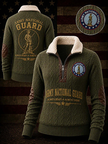 An olive green quarter-zip pullover sweater with a cream sherpa collar, featuring Army National Guard graphics on the front and back, displayed against a dark American flag background.