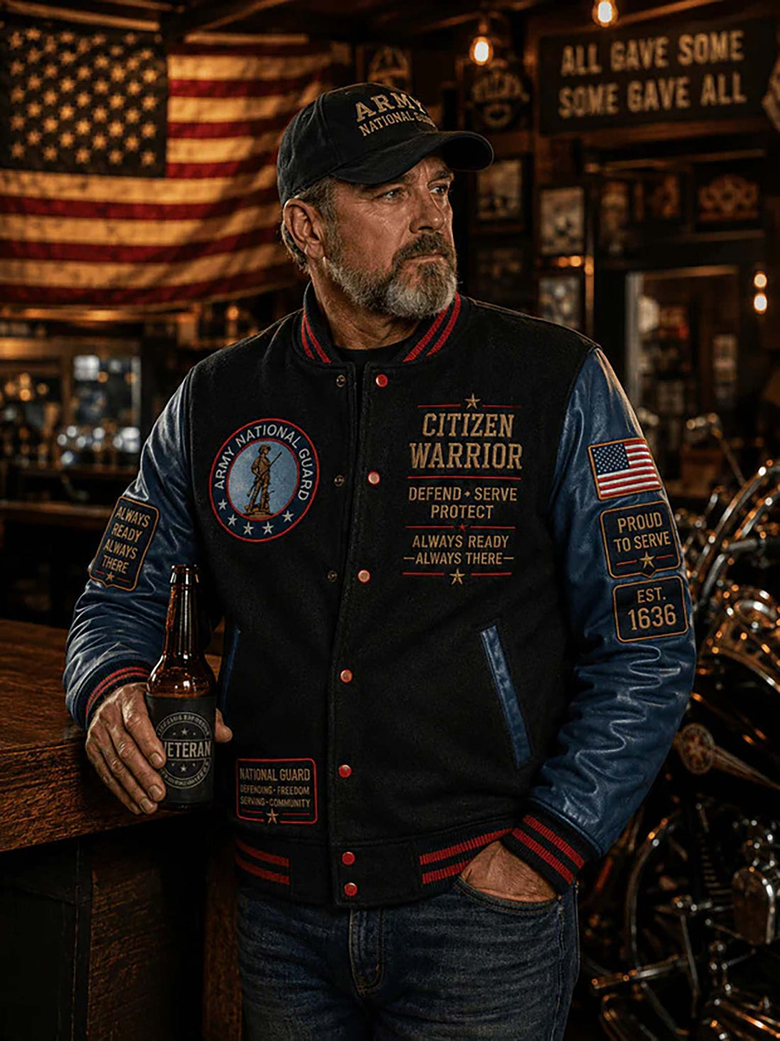 A black and blue varsity-style jacket with red trim, shown from front and back. The jacket features 'Army National Guard' and 'Citizen Warrior' patches, American flag patches on the sleeves, and red buttons.