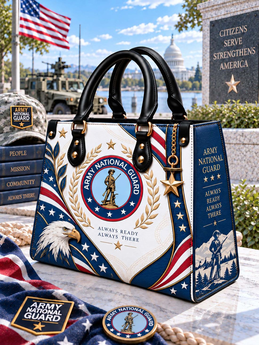 Army National Guard Heritage Elegance Leather Bag front view with patriotic crest and eagle artwork