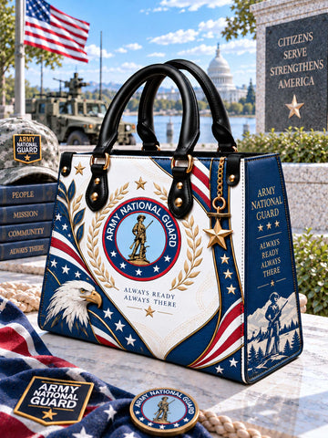 Army National Guard Heritage Elegance Leather Bag front view with patriotic crest and eagle artwork