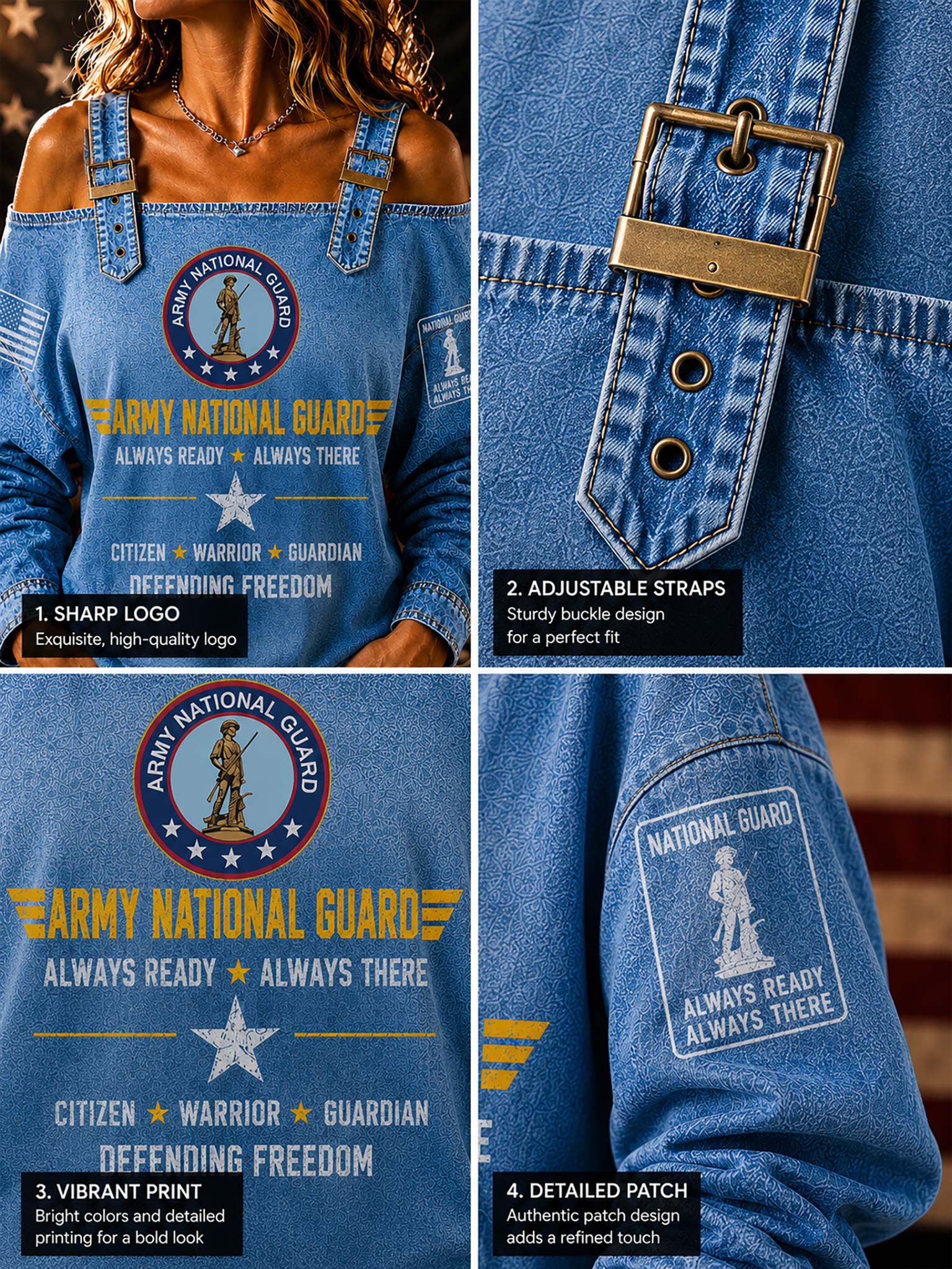 A four-panel product collage showing a blue denim-style Army National Guard top. The top-left panel shows the garment worn on a model, with the front graphic and logo visible.
