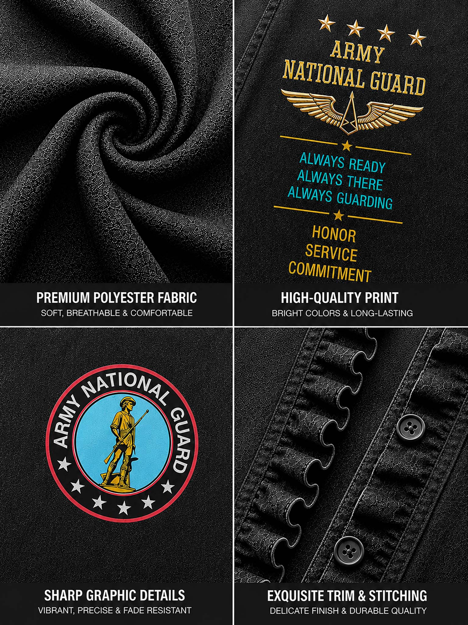 A four-panel product detail graphic showing a black Army National Guard themed fabric item. The top-left panel shows the premium black polyester fabric texture.