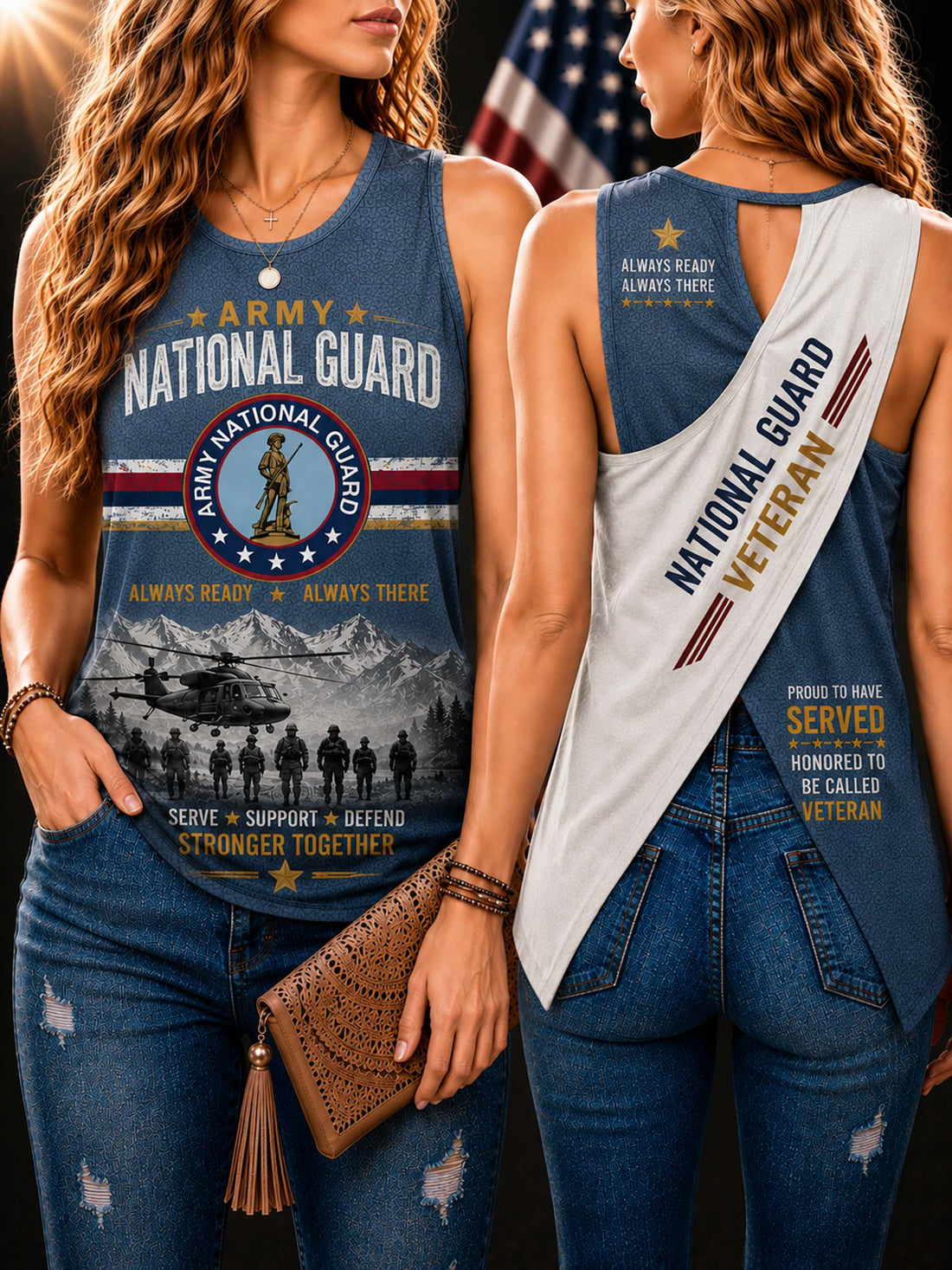 Two women modeling a blue graphic tank top showing both front and back views. The front features 'ARMY NATIONAL GUARD' text, a circular emblem, and military-themed imagery.