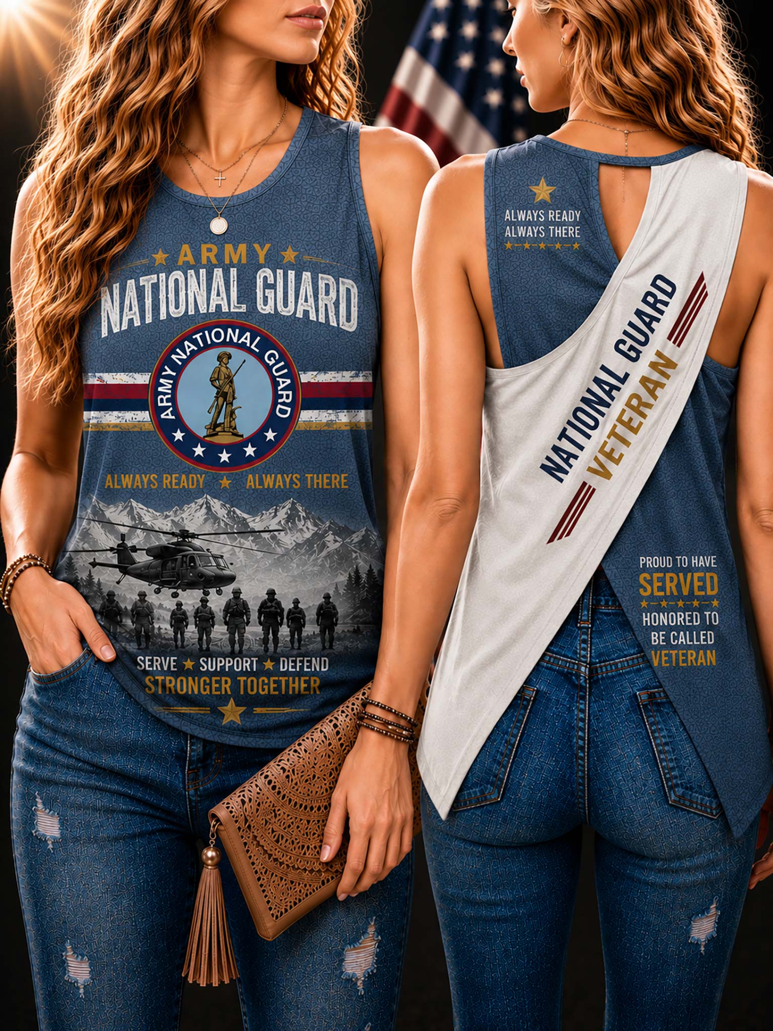 Two women modeling a blue graphic tank top showing both front and back views. The front features 'ARMY NATIONAL GUARD' text, a circular emblem, and military-themed imagery.
