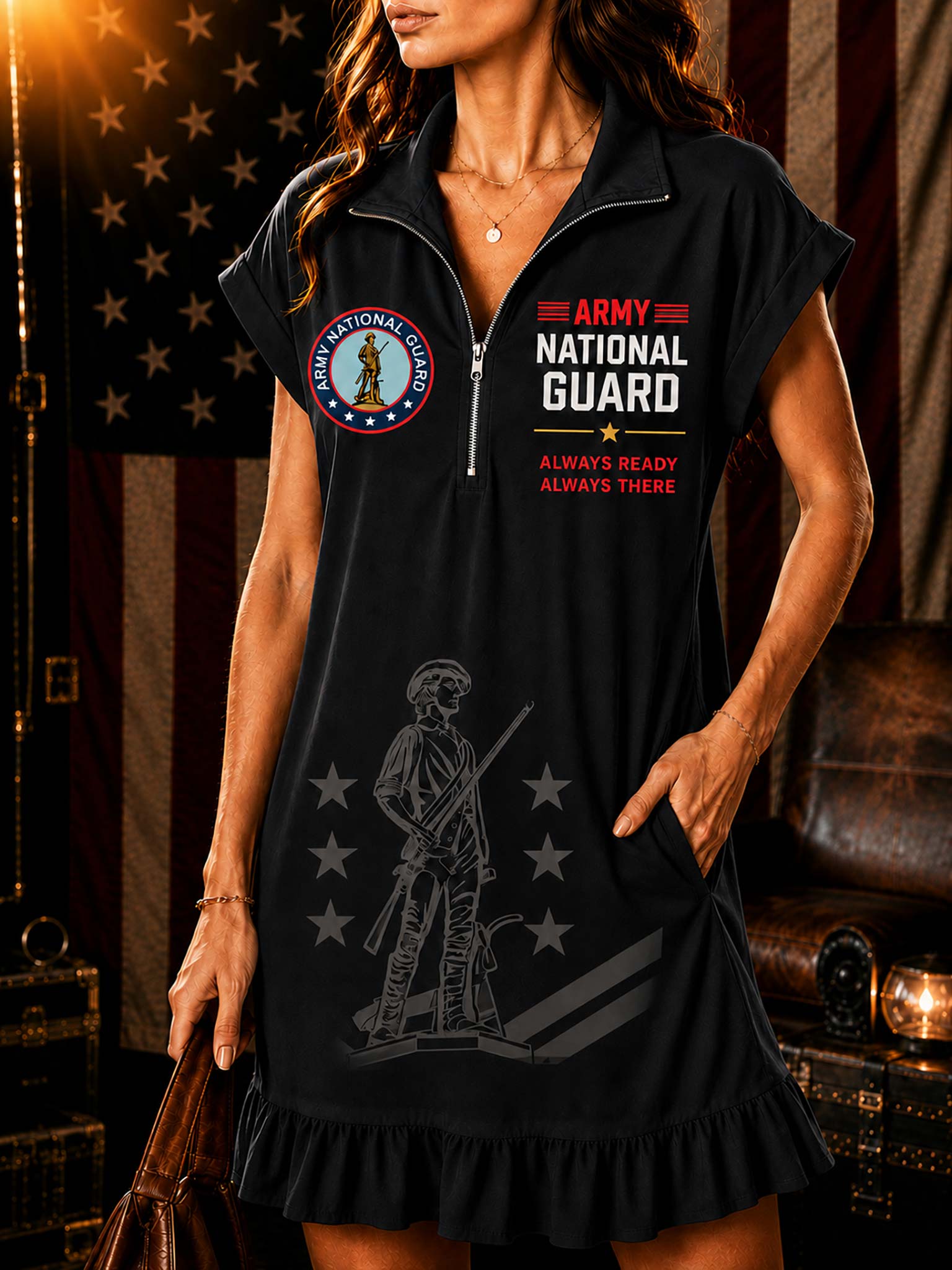 A woman wearing a black short-sleeve zip-front dress with Army National Guard graphics, including a circular emblem, 'ARMY NATIONAL GUARD' text, and a soldier silhouette with stars, set against a rustic American flag and leather interior background.