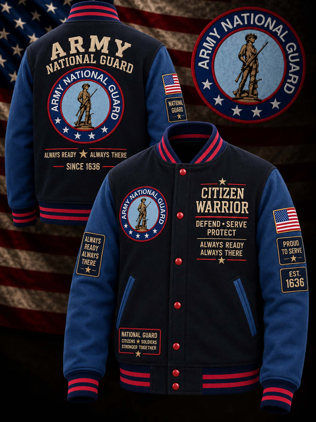 A navy blue varsity-style jacket with red and white trim, featuring Army National Guard patches, 'Citizen Warrior' text, and American flag patches on the sleeves, shown from front and back against a dark patriotic background.