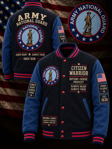 A navy blue varsity-style jacket with red and white trim, featuring Army National Guard patches, 'Citizen Warrior' text, and American flag patches on the sleeves, shown from front and back against a dark patriotic background.