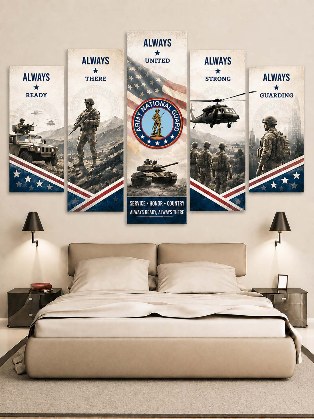 A 5-panel canvas wall art set depicting the US Army National Guard, shown hanging above a bed in a modern bedroom setting. The artwork features military scenes, soldiers, tanks, a helicopter, and patriotic red, white, and blue colors with text reading 'ALWAYS UNITED', 'ALWAYS READY', 'ALWAYS THERE', 'ALWAYS STRONG', and 'ALWAYS GUARDING'.