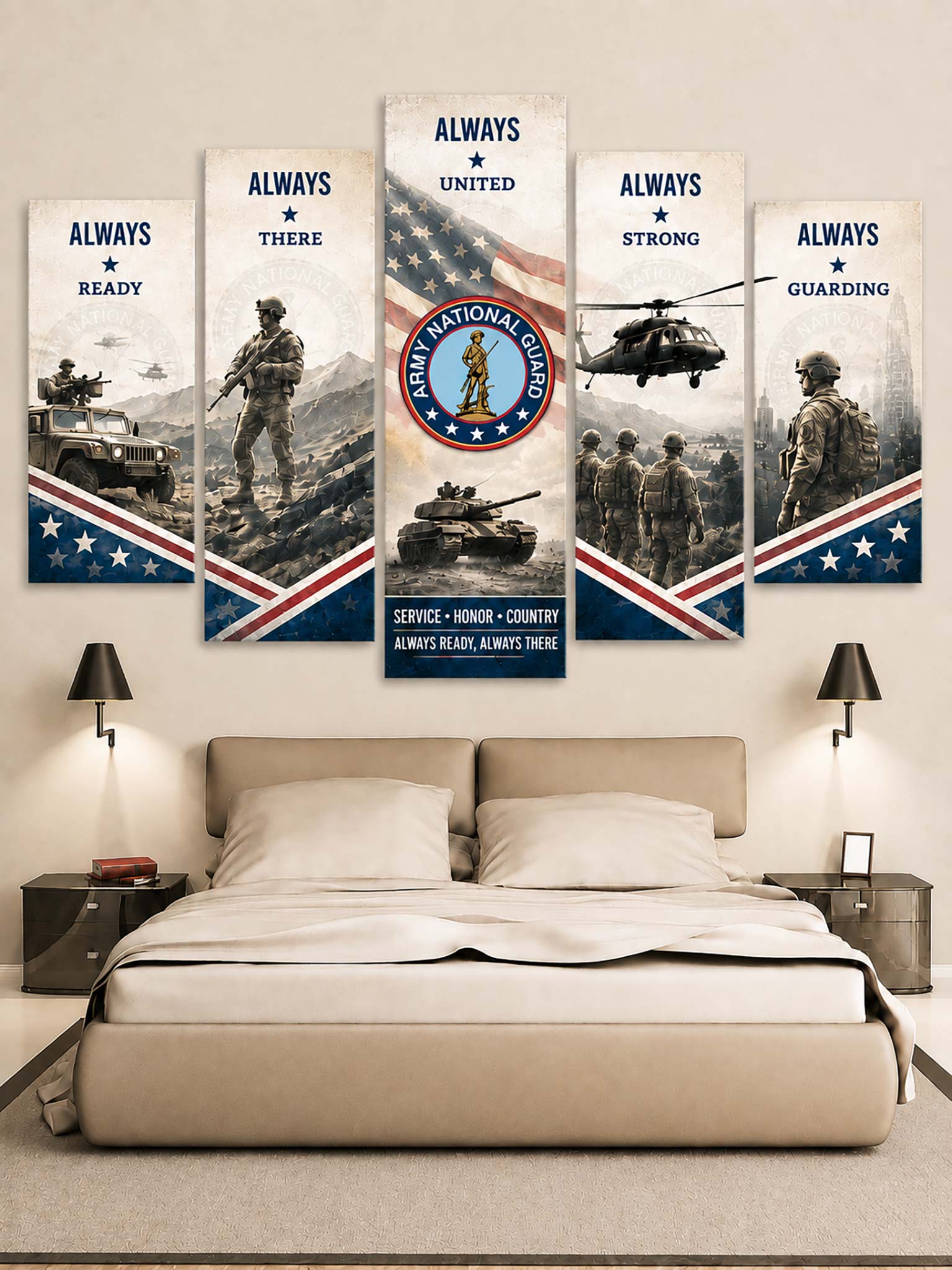 A 5-panel canvas wall art set depicting the US Army National Guard, shown hanging above a bed in a modern bedroom setting. The artwork features military scenes, soldiers, tanks, a helicopter, and patriotic red, white, and blue colors with text reading 'ALWAYS UNITED', 'ALWAYS READY', 'ALWAYS THERE', 'ALWAYS STRONG', and 'ALWAYS GUARDING'.