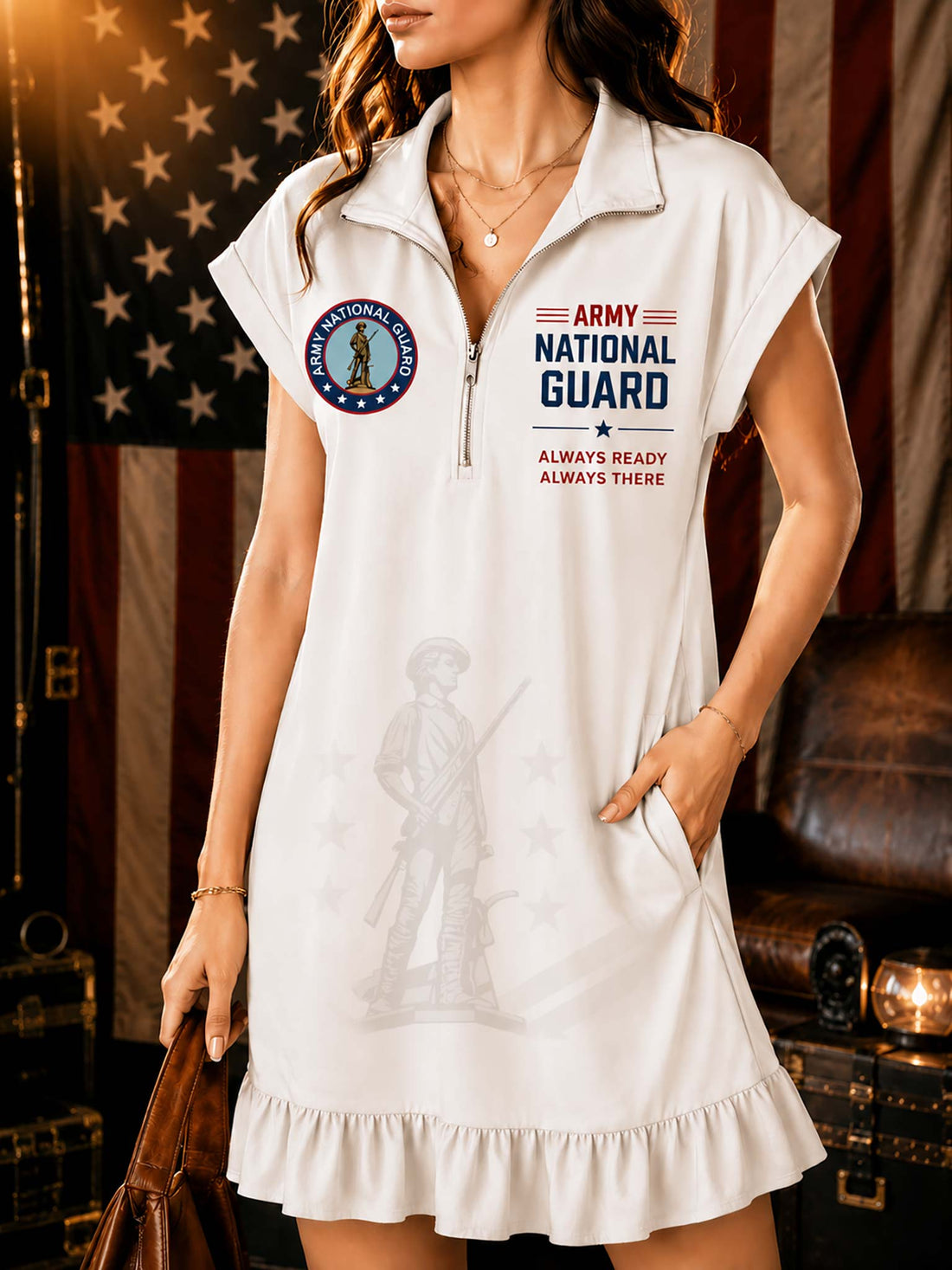 A woman wearing a white short-sleeve polo dress with a half-zip collar, featuring 'ARMY NATIONAL GUARD' text, a circular emblem, and a faded soldier graphic on the front. The background shows an American flag and a leather chair.